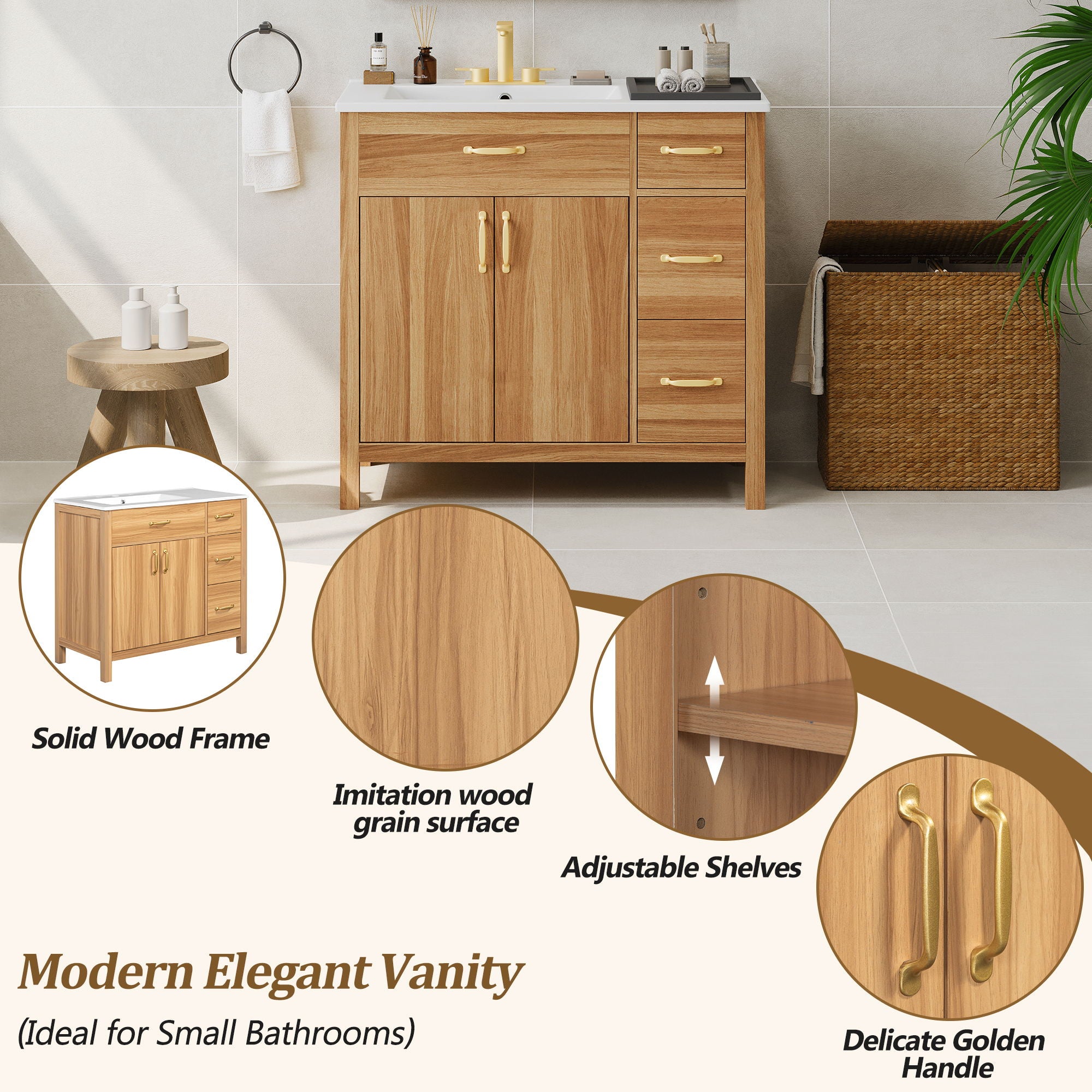 Bathroom Vanity, 2 Soft Close Doors, 3 Soft Close Drawers, Adjustable Shelf - Wood