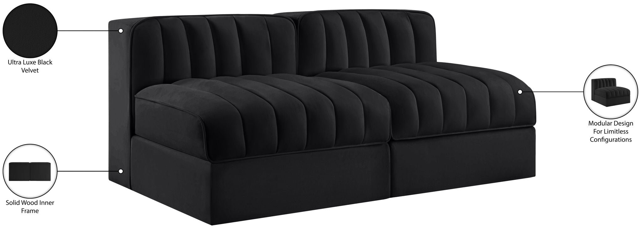 Rummi - Velvet Performance Fabric Upholstered 2 Piece Modular Armless Loveseat