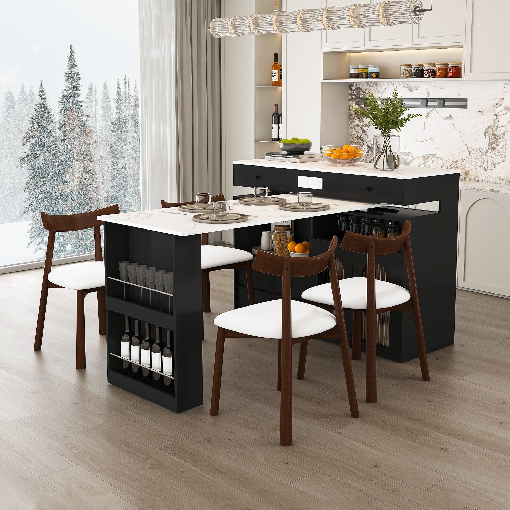 Retro Kitchen Island Set With Chairs, Extendable & Rotating Table, 4 Drawers & Door Cabinets