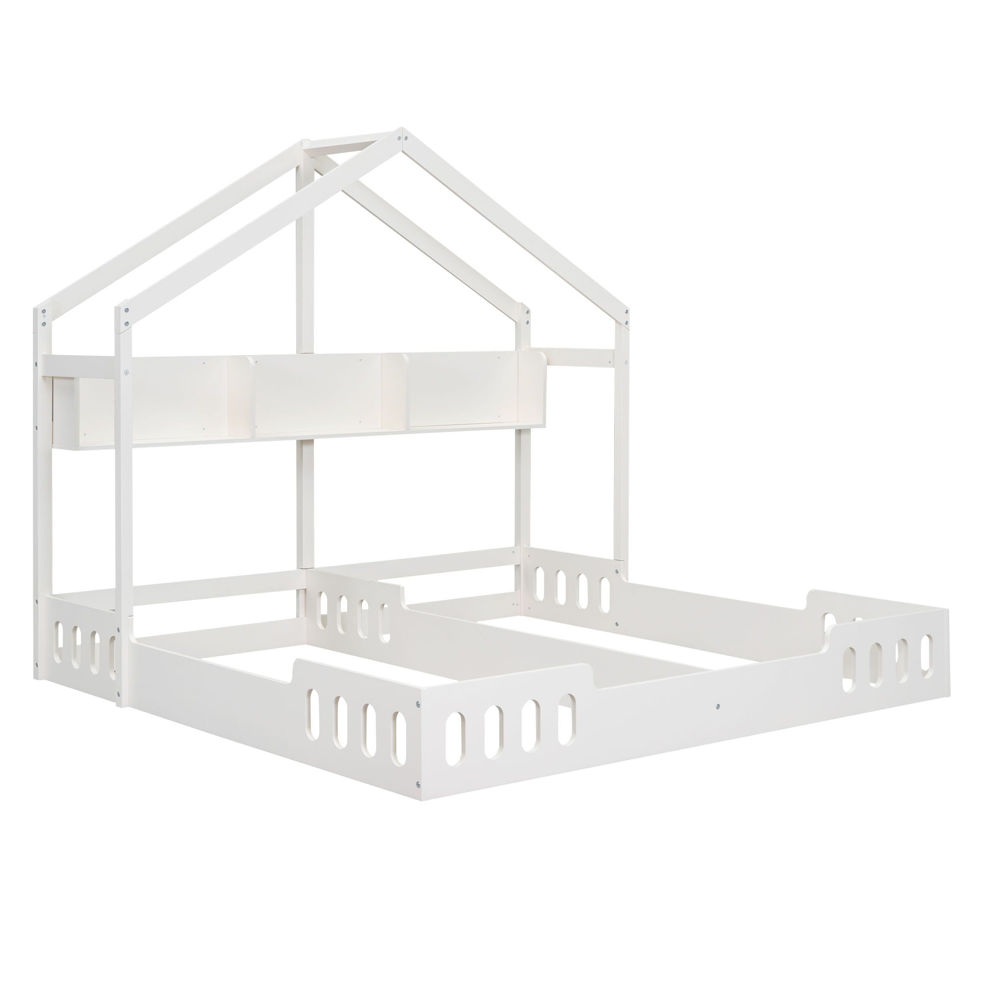 Twin Size Platform Bed With Shared Design, Guardrails, And Built In Shelves - Creamy White