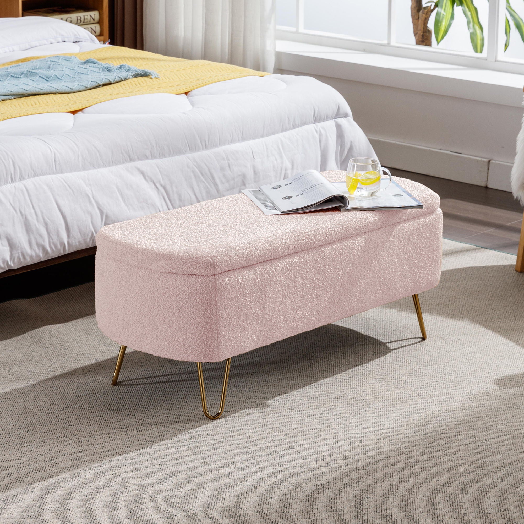 Storage Ottoman Bench For End Of Bed Legs, Modern Camel Faux Fur Entryway Bench Upholstered Padded With Storage For Living Room Bedroom
