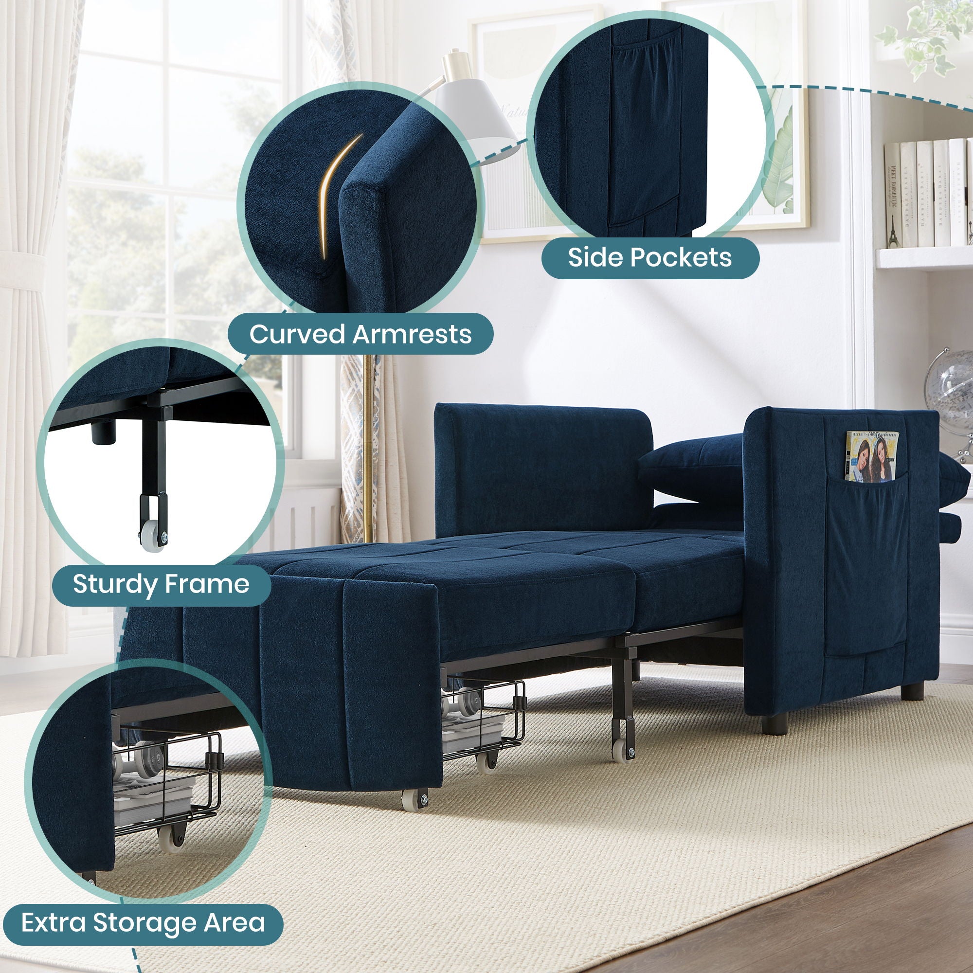 Upholstered Convertible Sleeper Sofa With 5 Position Backrest, Side Pockets, Storage