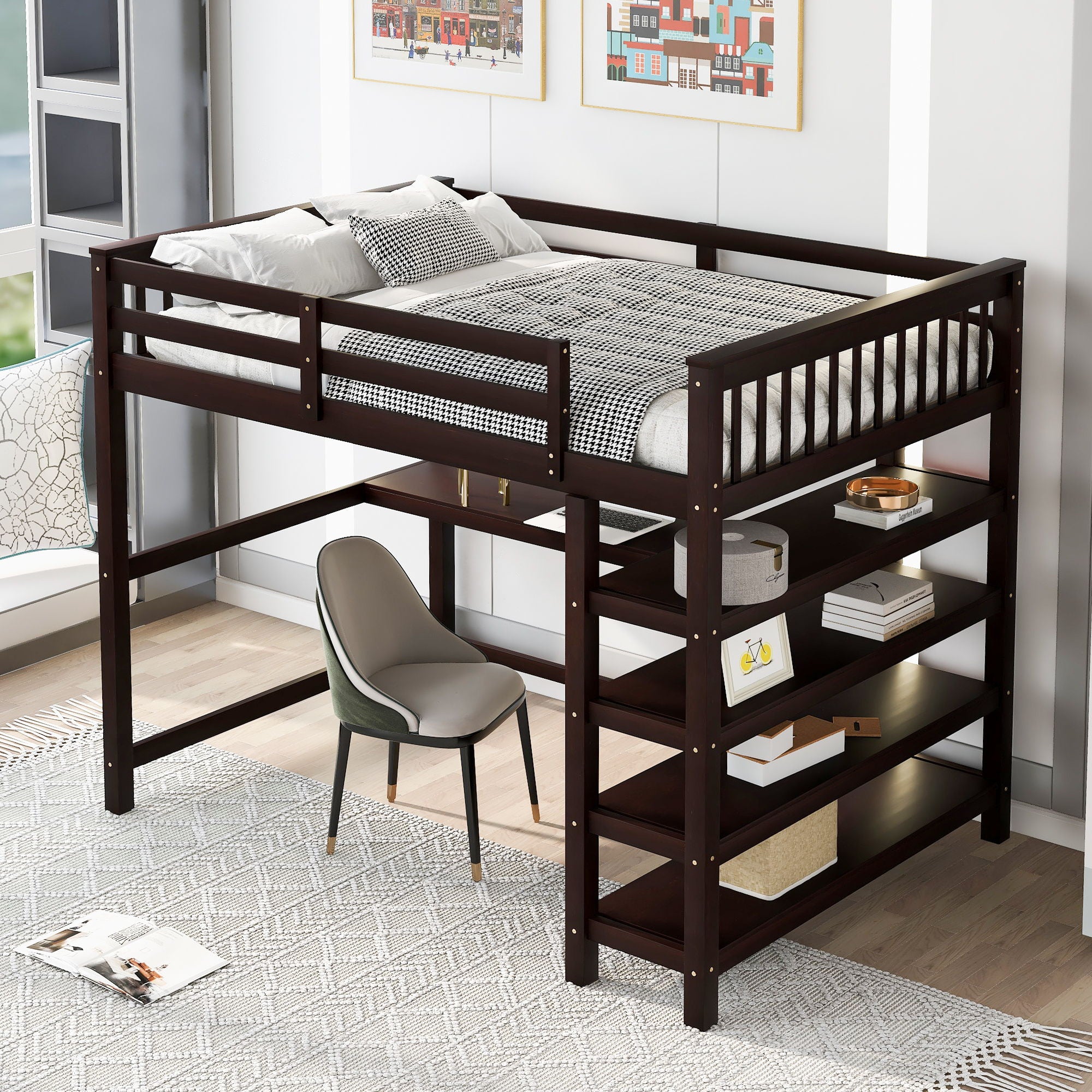 Loft Bed With Storage Shelves And Under Bed Desk