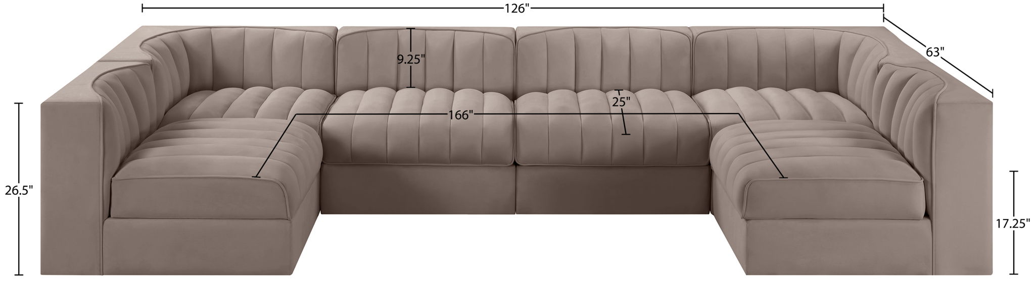 Rummi - Armless Velvet Performance Fabric Upholstered 6 Piece Modular Sectional
