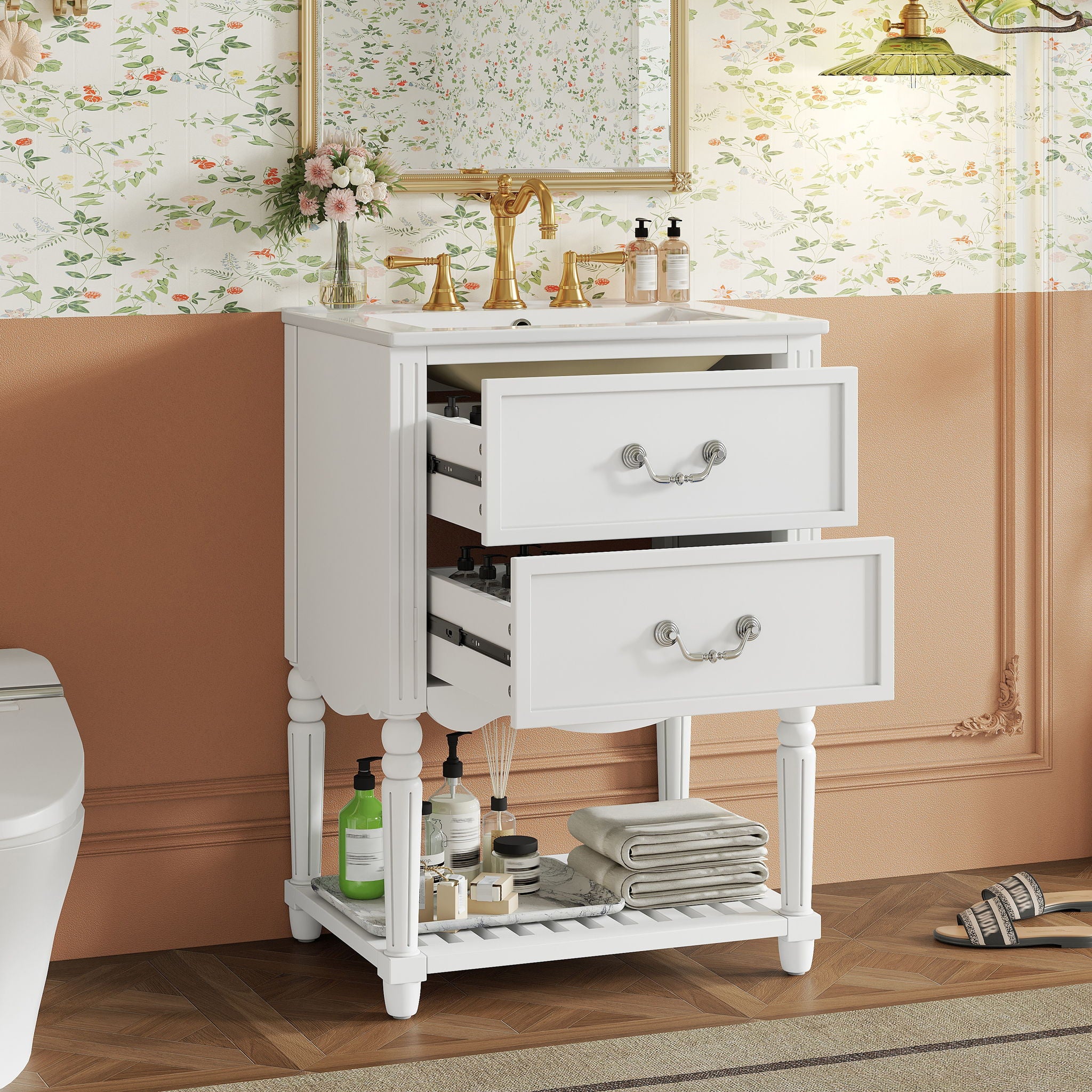 Wave Design Bathroom Vanity With Sink, 2 Drawers And Open Shelf