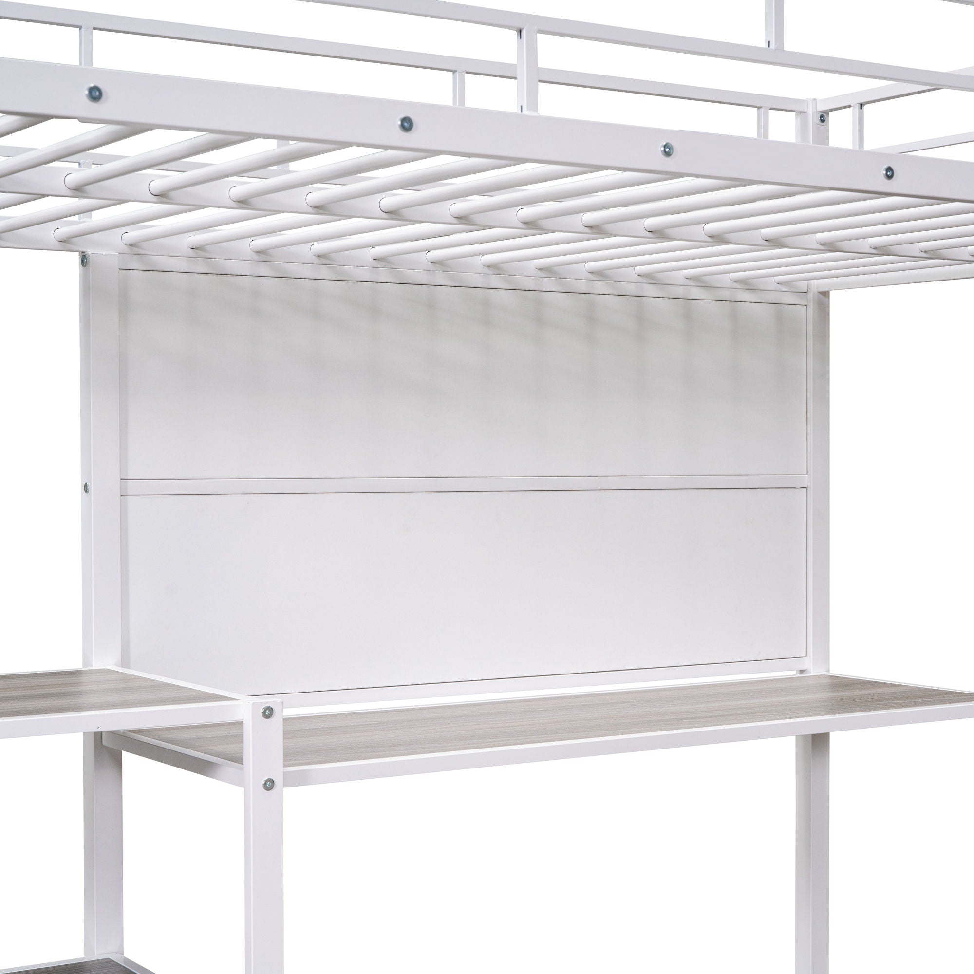 Metal Loft Bed With Desk, 3 Shelves And Ladder