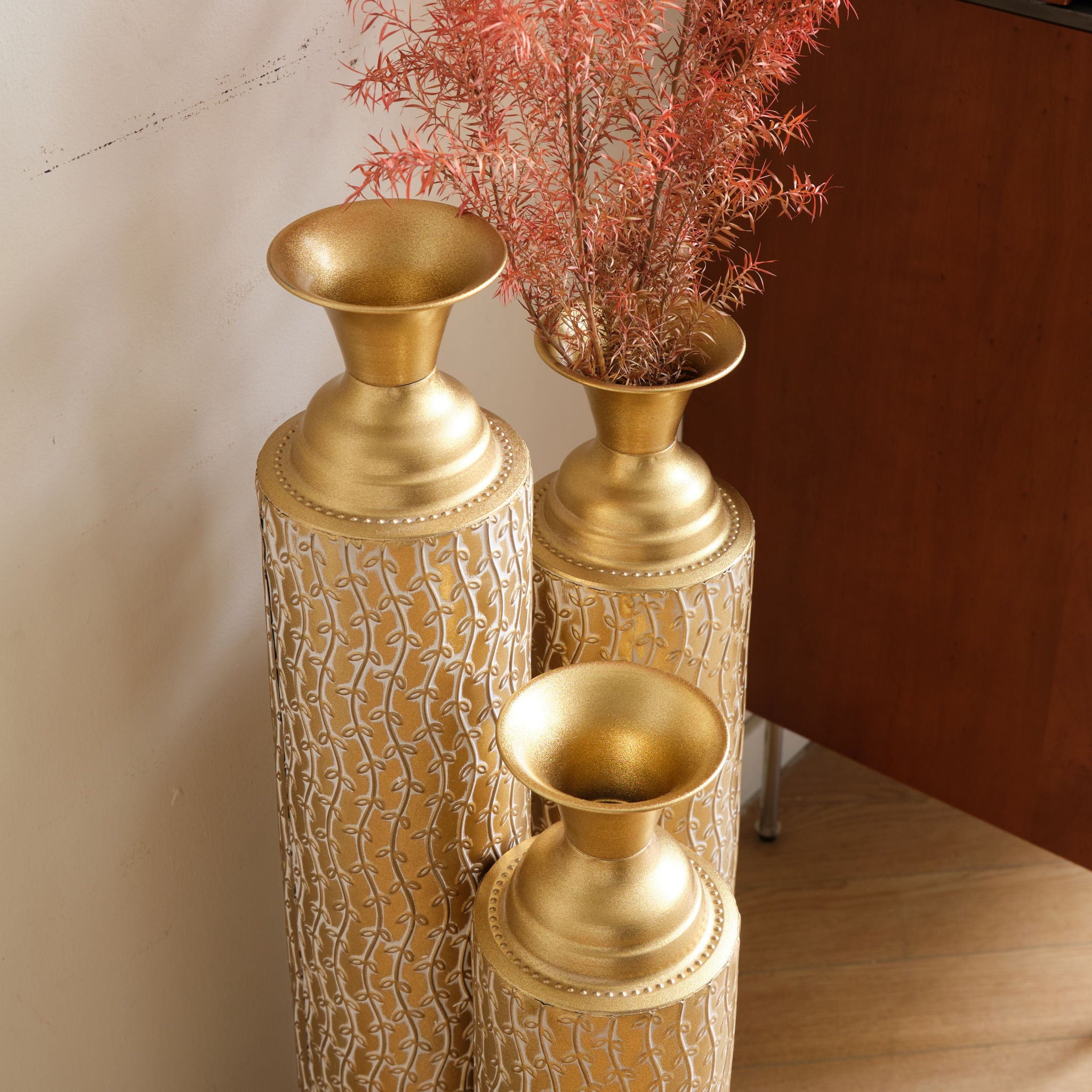 Metal Decorative Vases High Distress Metal Center Vases With Growing Vine Patterns, (Set of 3) Vases For Home Decoration - Gold
