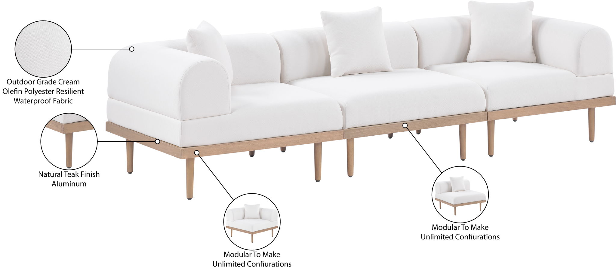 Laguna - 3 Piece Resilient Water Resistant Fabric 106.5" Upholstered Outdoor Patio Modular Sofa