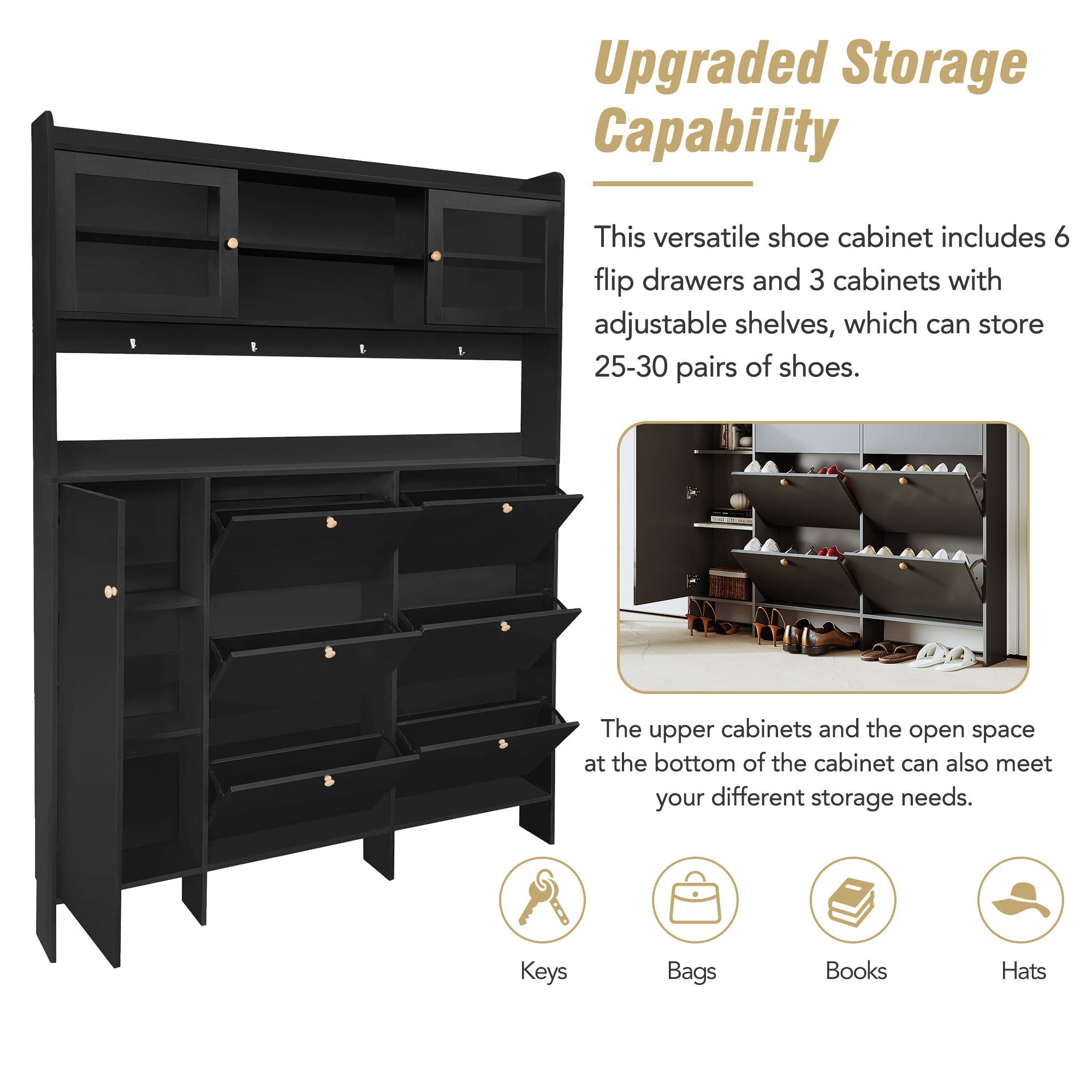 On Trend Multifunctional Tipping Bucket Shoe Cabinet With Storage Shelf & 6 Flip Drawers