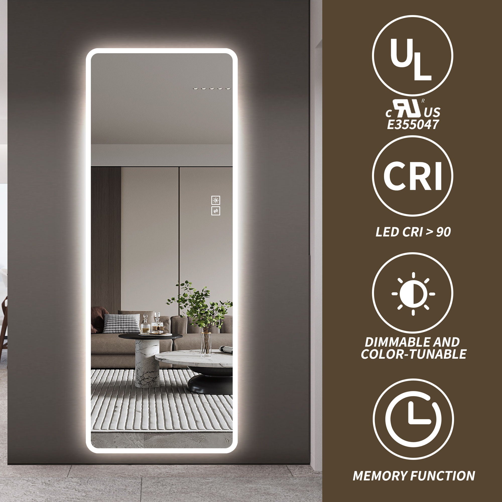LED Full Length Mirror With Lights, Wall Mounted Full Body Mirror, Dimmable 3 Color Lighting, Anti Fog, Shatter Proof, Memory Function - Clear