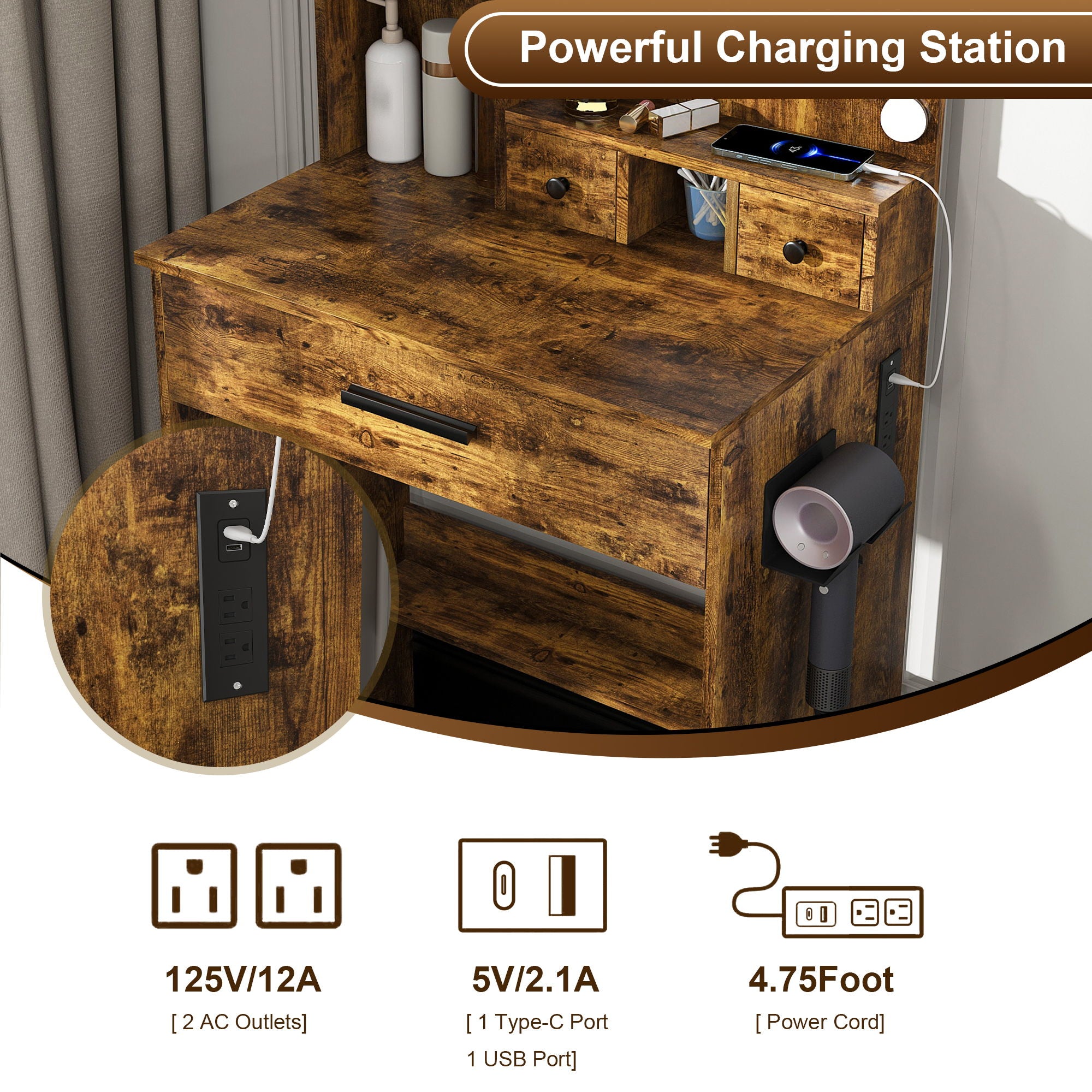 Vanity Table With Mirror, Adjustable LED Lights, Power Outlet, Hairdryer Holder & Stool