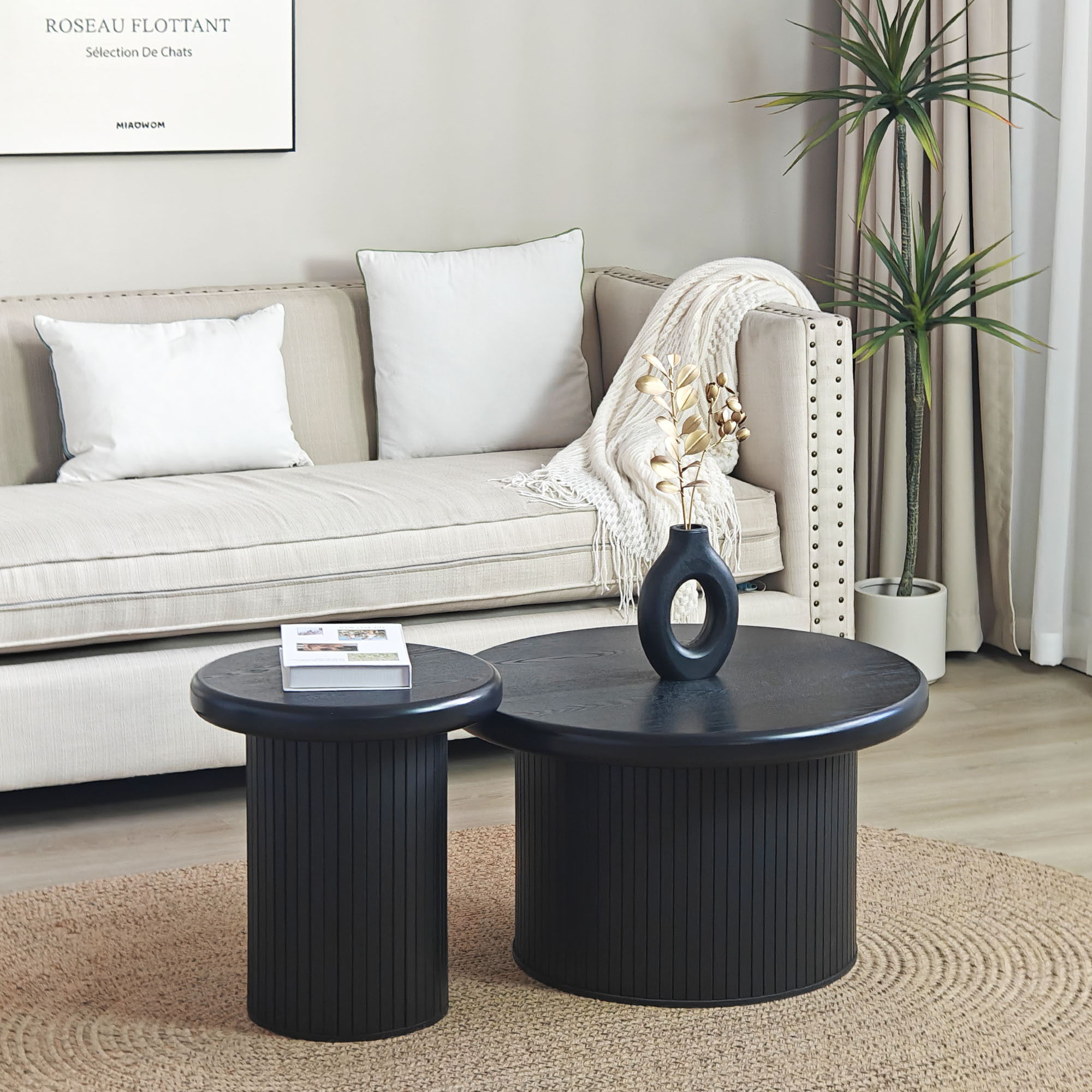 Fluted Cylinder Side Tables, Round End Tables For Living Room (Set of 2) - Black