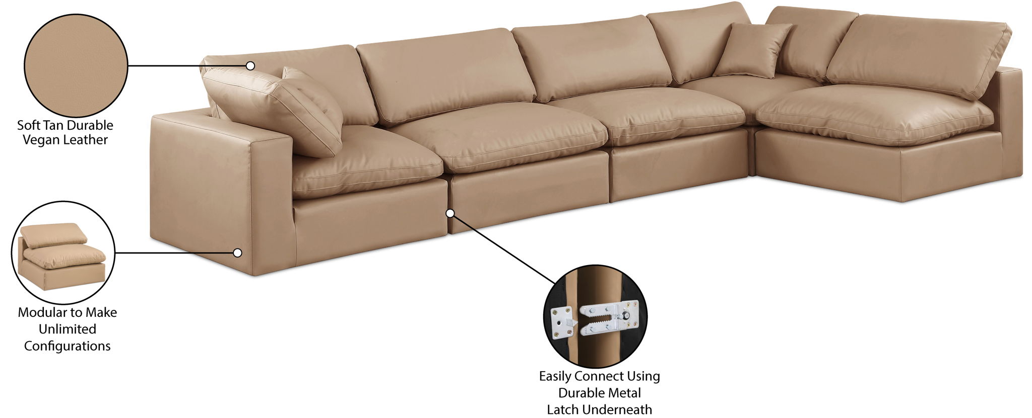 Comfy - 5 Piece Faux Leather Modular Sectional - Tan