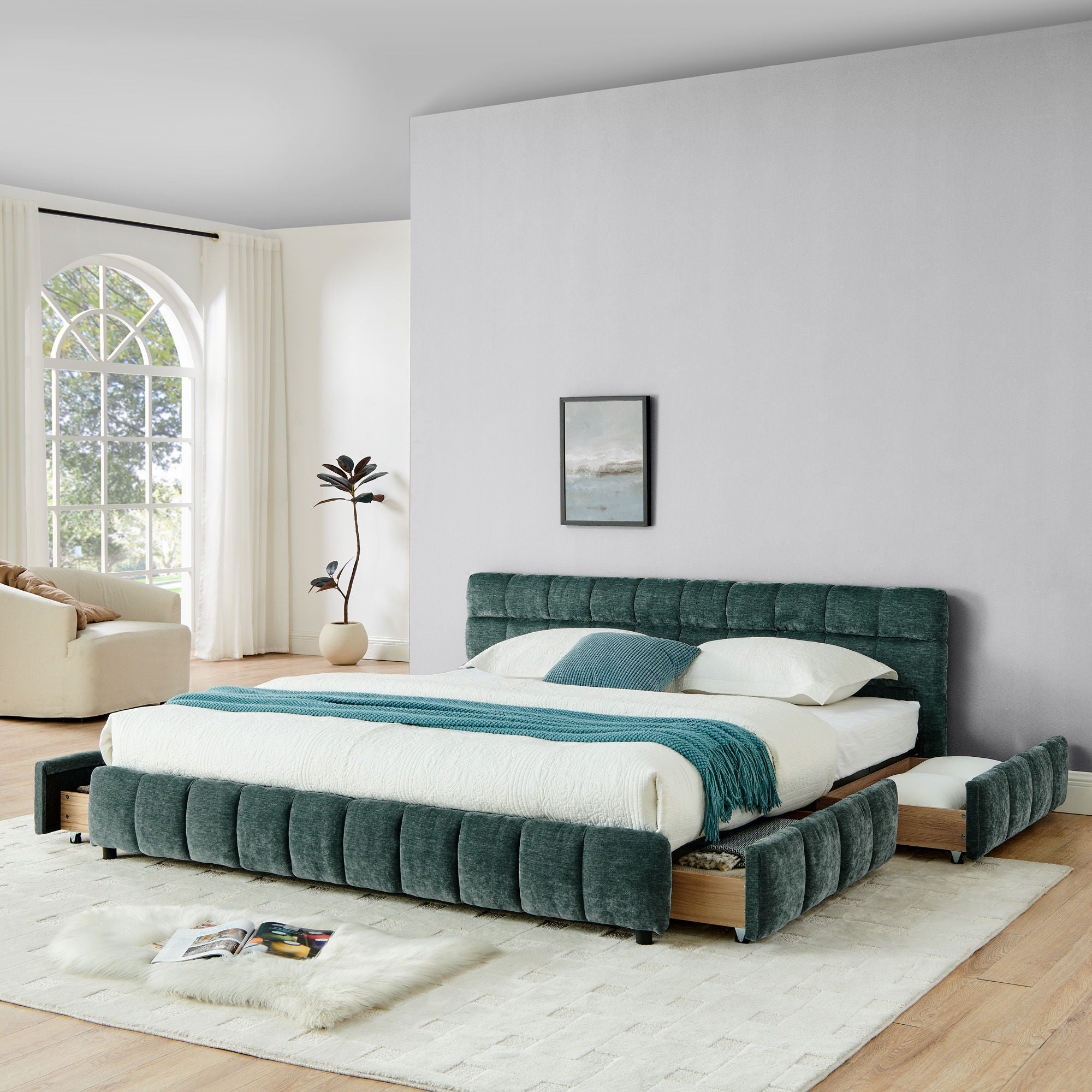 Modern Platform Bed Frame With Thick Fabric
