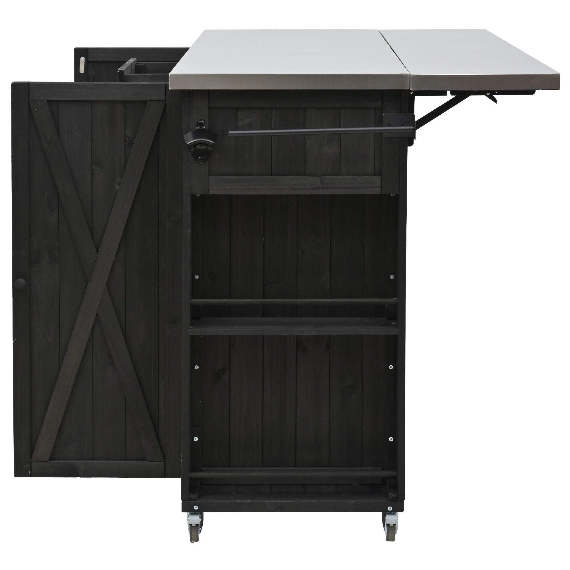 Outdoor Kitchen Island With Stainless Steel Top, Ample Storage Space, Towel And Spice Racks And A Bottle Opener