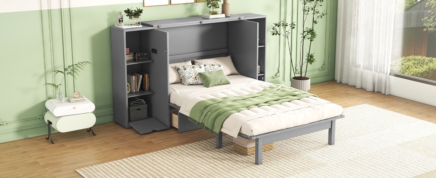 Murphy Bed With Shelves, Drawers And USB Ports