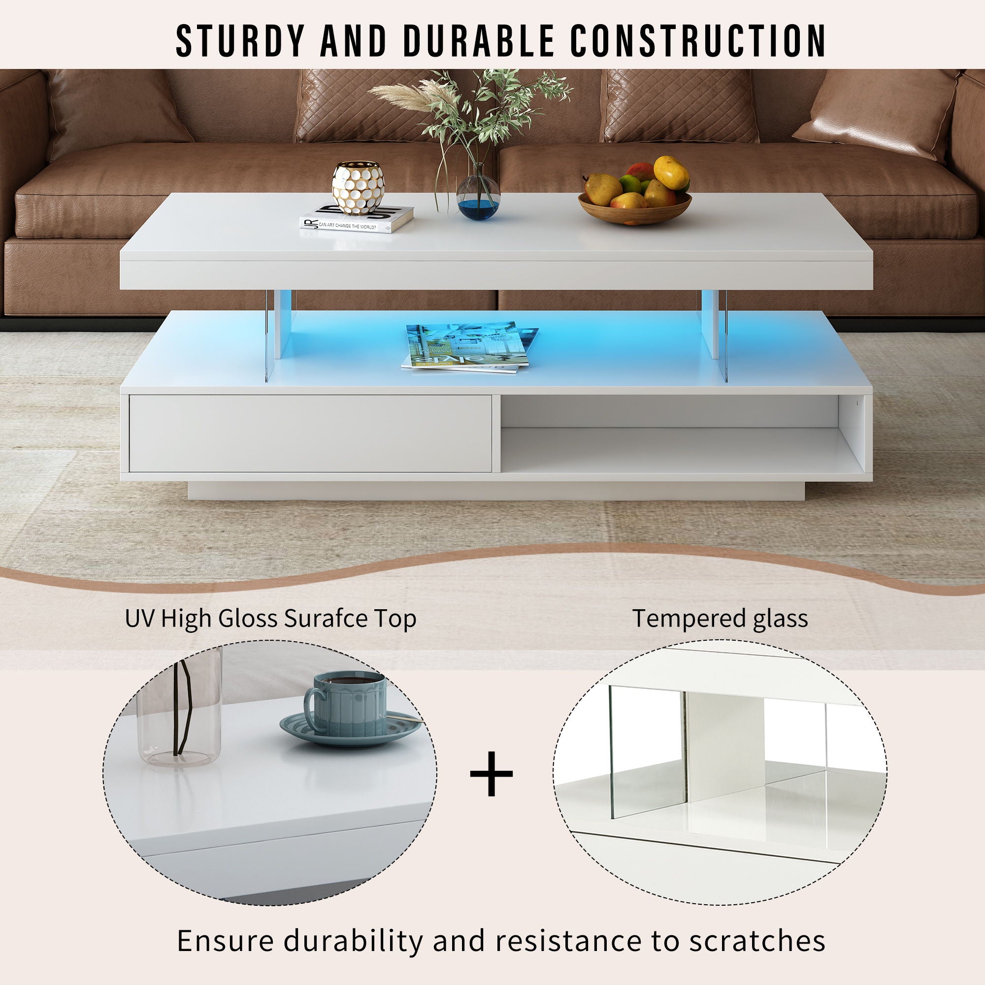 LED Coffee Table With 2 Drawers And Display Shelves