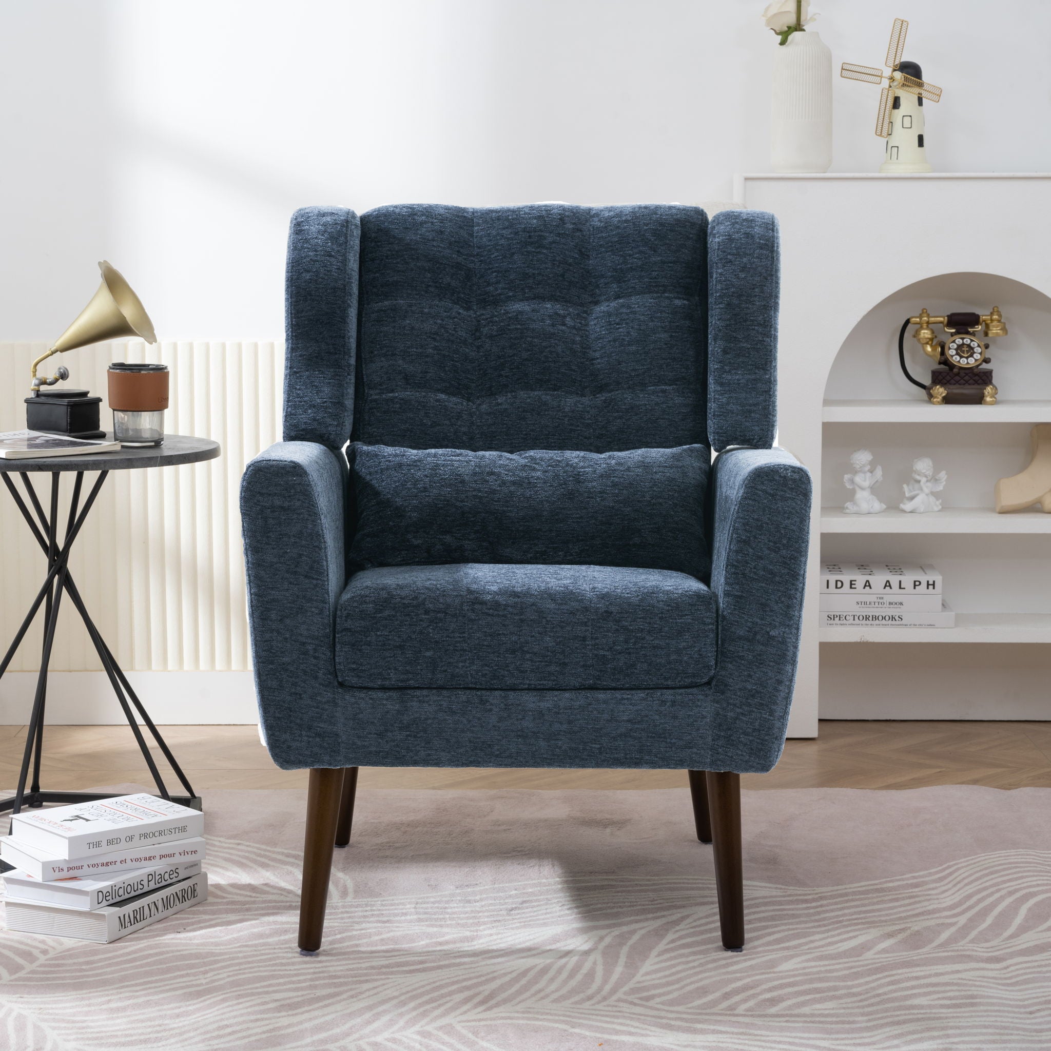 Modern Accent Chair, Arm Chairs For Living Room, Upholstered Mordern Armchair, Comfy Soft Padded Lounge Chair In Small Space, Bedroom, With Pillow, Solid Wood Leg