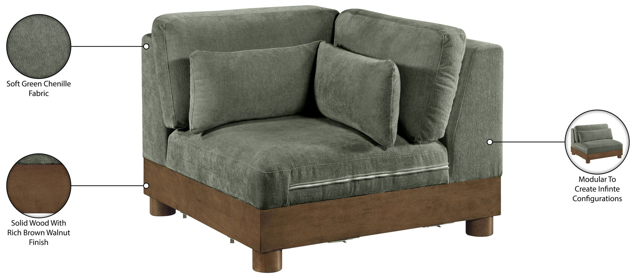 Turin - Chenille Fabric Upholstered Modular Corner Chair - Walnut Base