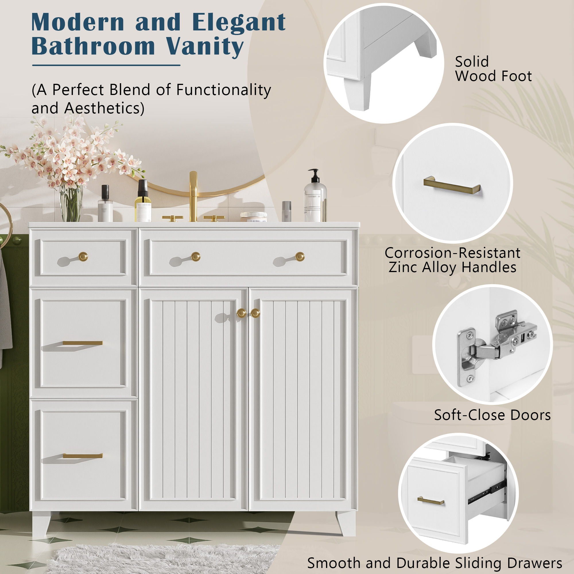 Bathroom Vanity With Sink, Soft Close Doors, Adjustable Shelves