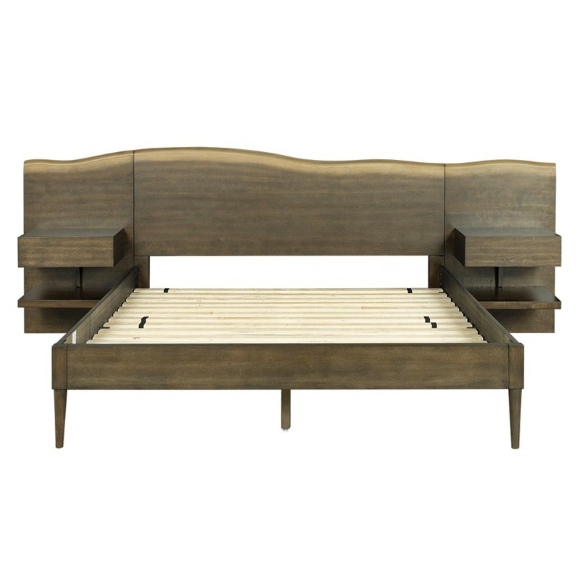 Queen Size Platform Bed Frame With Live Edge Headboard, Built In Nightstands - Dark Brown