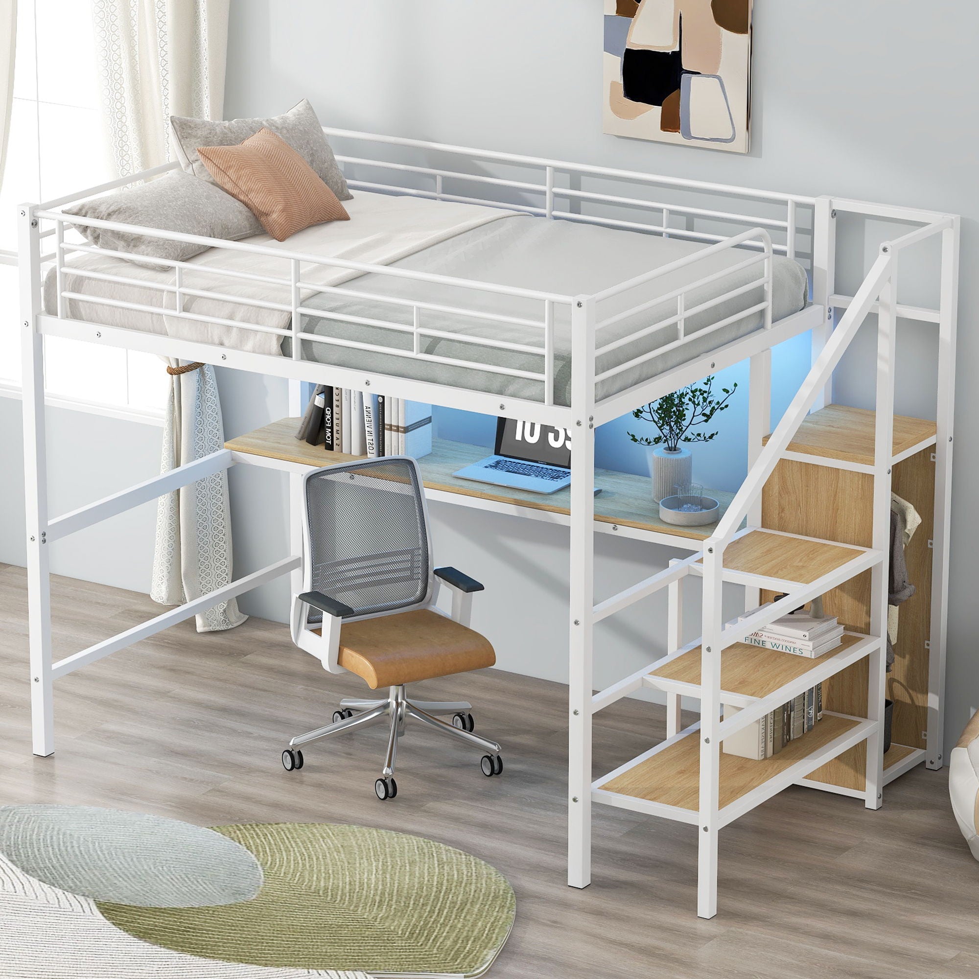 Loft Bed With Desk, Storage Staircase, Small Wardrobe And LED Light