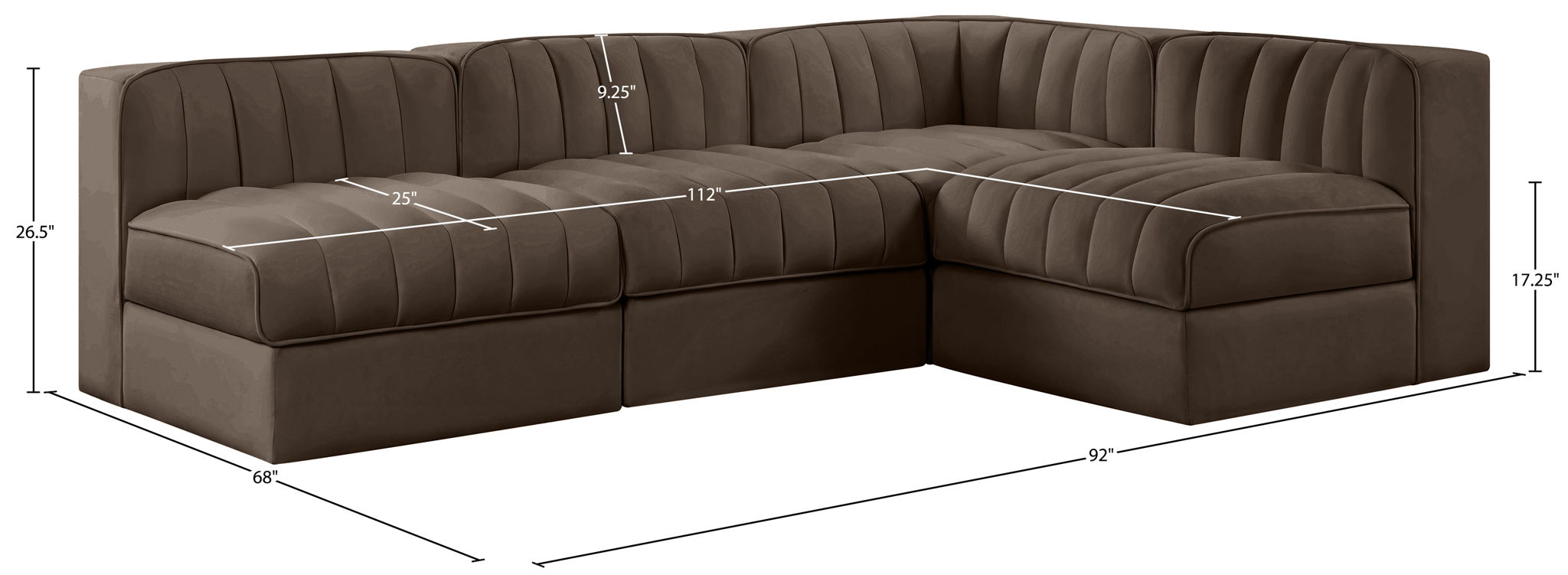 Rummi - Armless Velvet Performance Fabric Upholstered 4 Piece Modular Sectional
