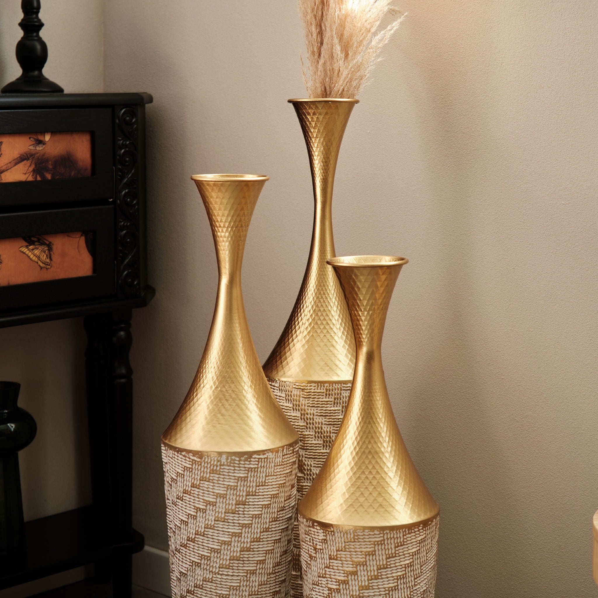 Floor Metal Vase Modern Style Decoration Home Woven Pattern Metal Vase 3 Piece Set Gorgeous Home Decoration Large Glazed Metal Vase - Champagne