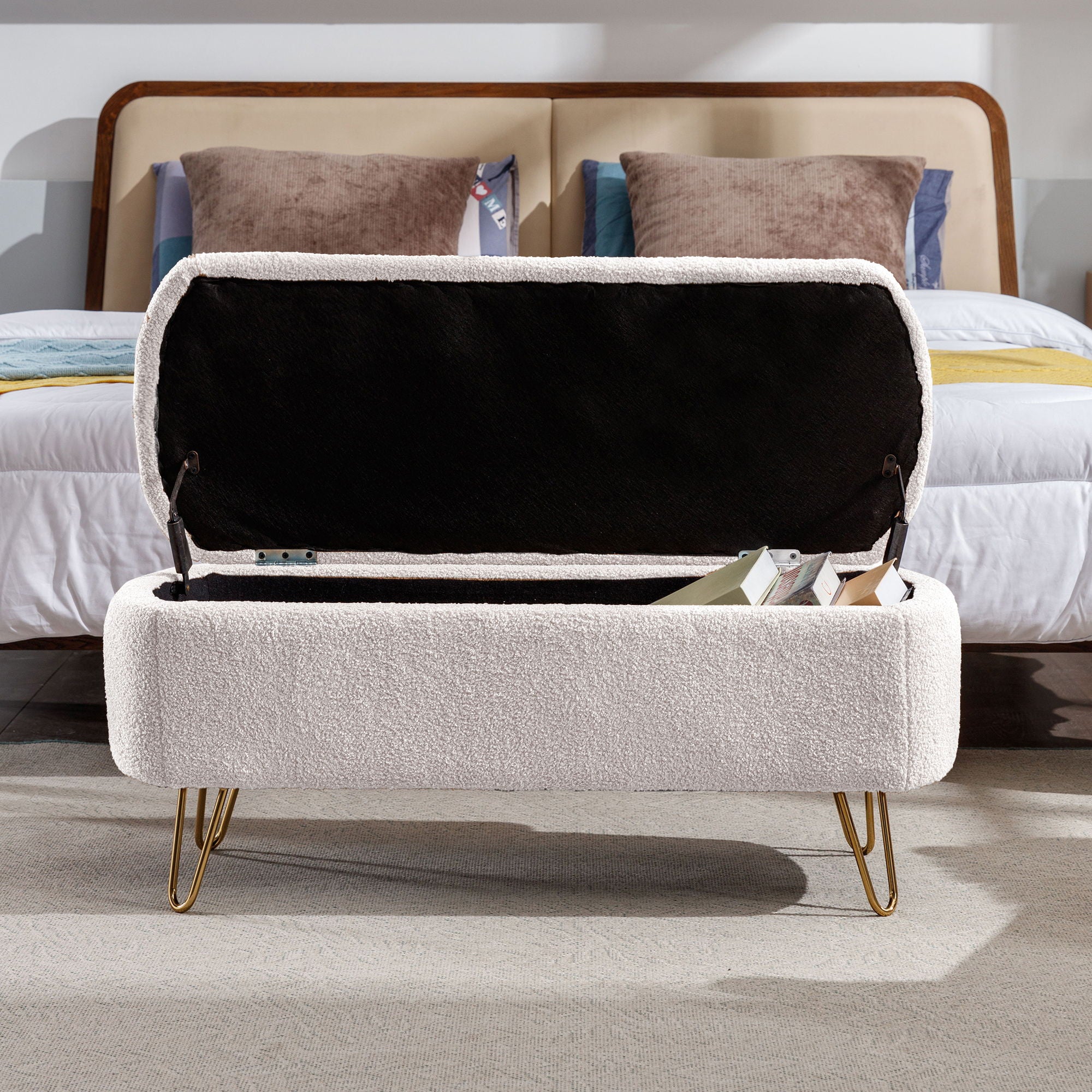 Storage Ottoman Bench For End Of Bed Legs, Modern Camel Faux Fur Entryway Bench Upholstered Padded With Storage For Living Room Bedroom