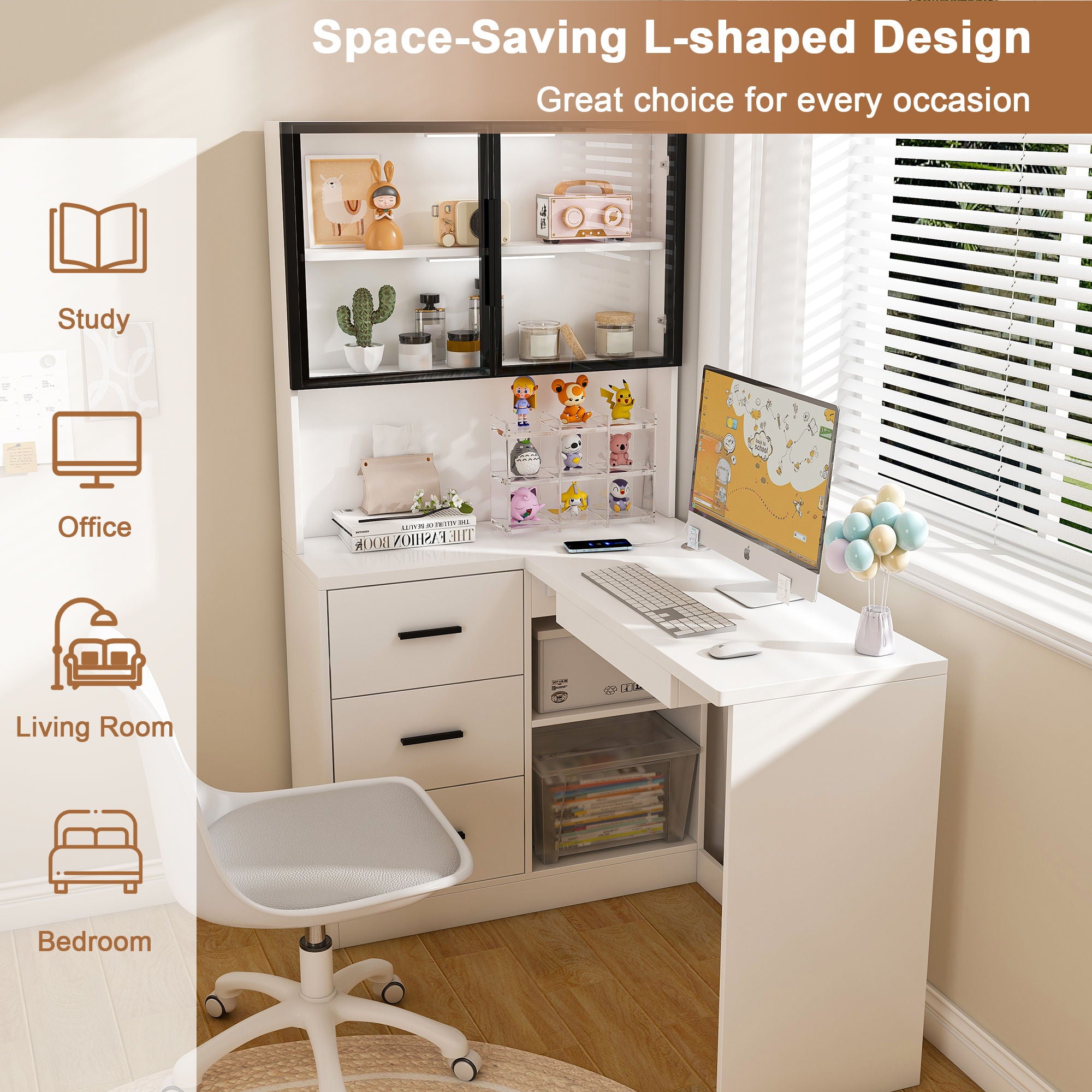 L-Shaped Computer Desk With Glass Cabinets, Built In LED Lights, USB Charging Ports