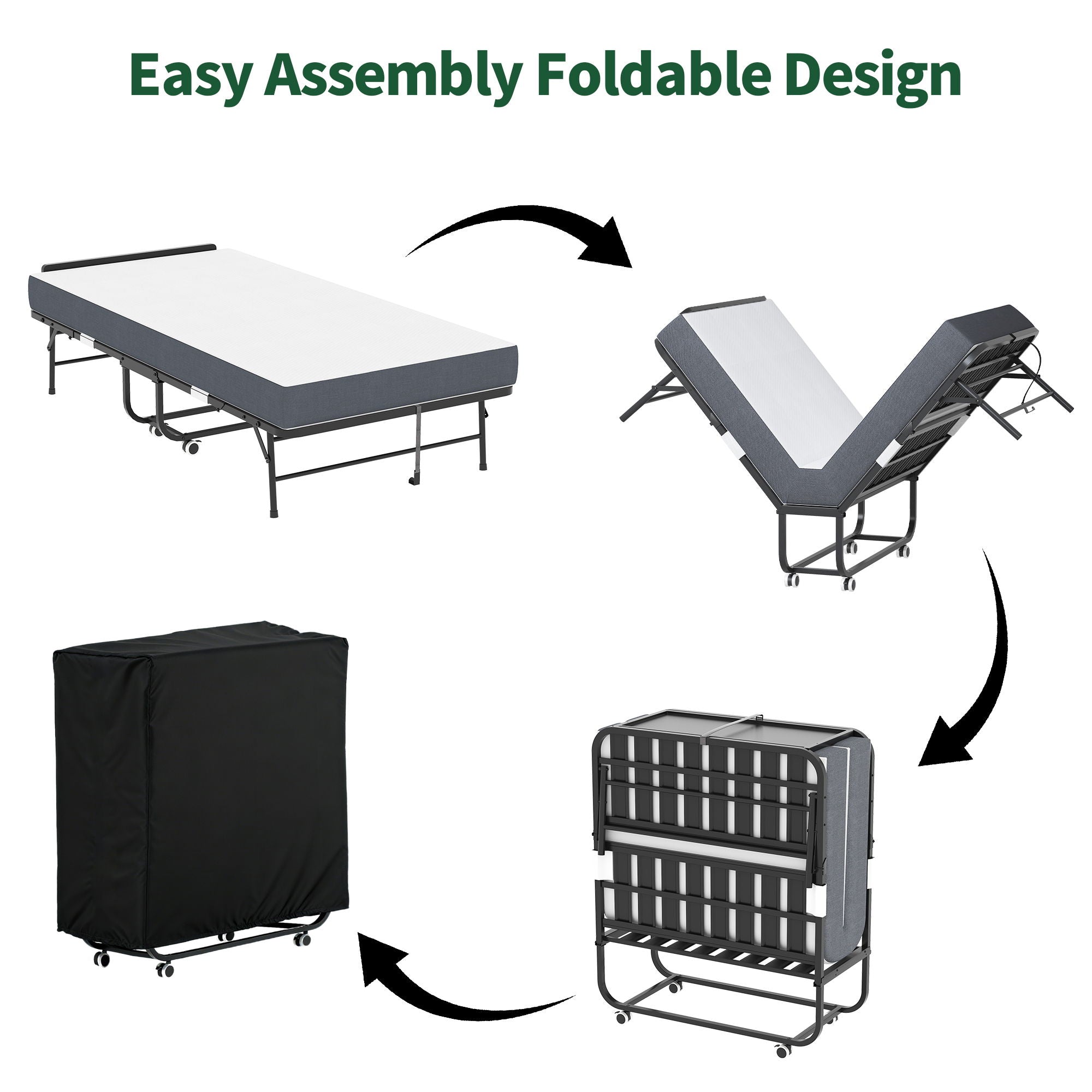 Twin Folding Bed With Adjustable Headboard, Memory Foam For Tall People, Heavy-Duty Portable On Wheels, Easy Assembly - Black