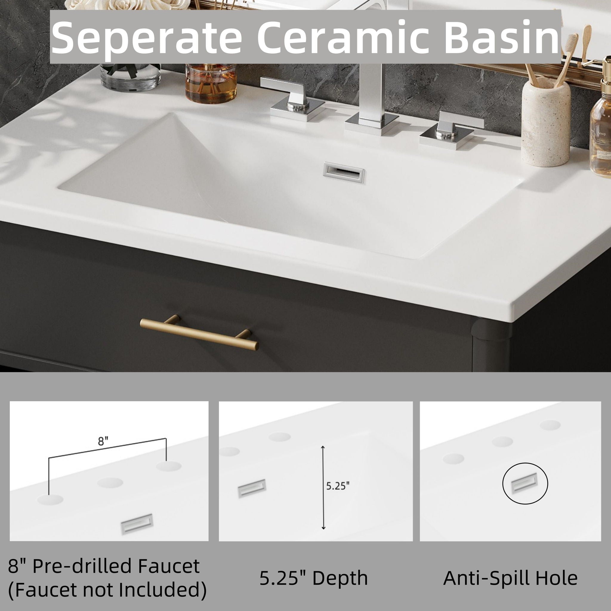 Bathroom Vanity With Sink, Soft Close Doors And Adjustable Shelf