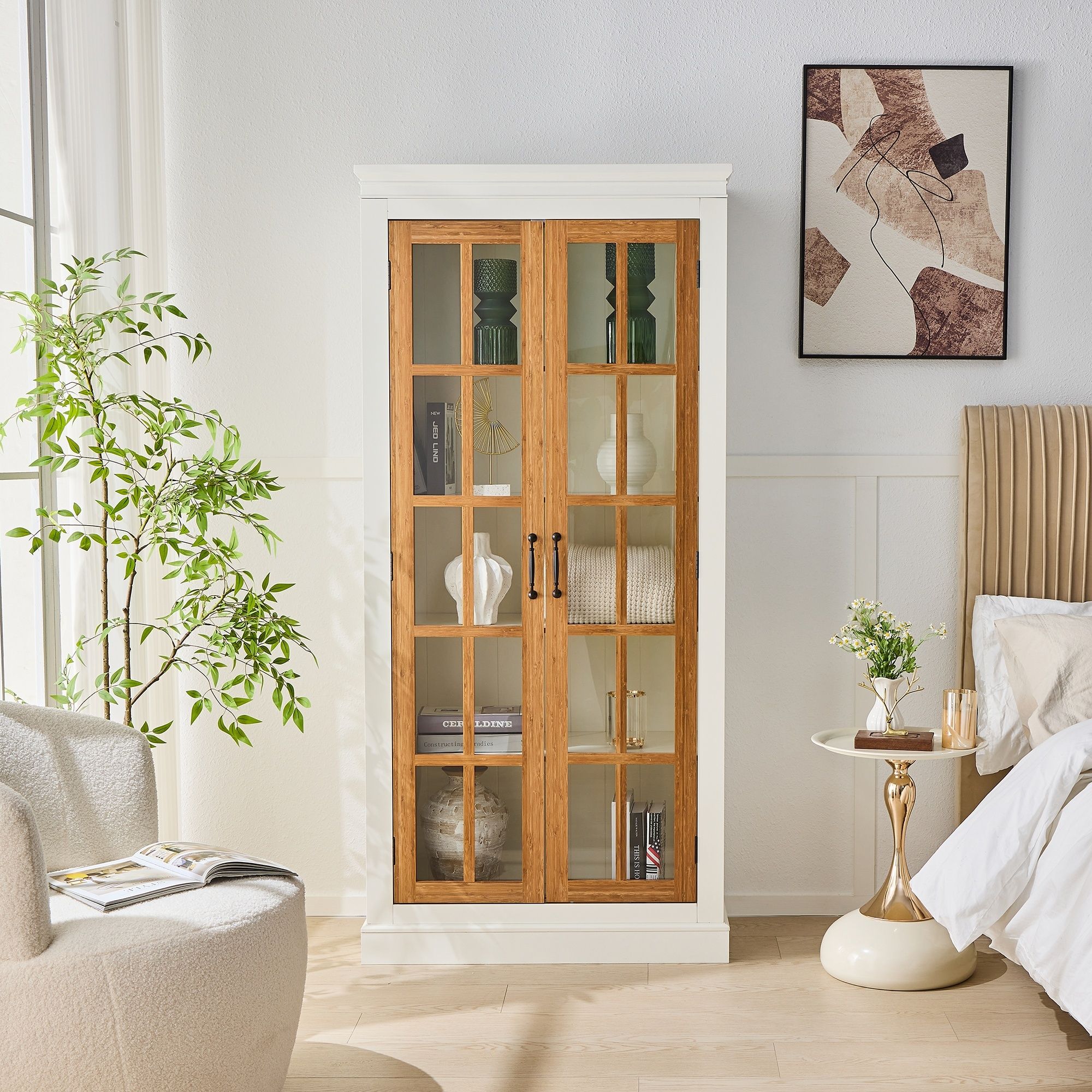 Rustic Style Display Cabinet With Glass Doors For Collectibles