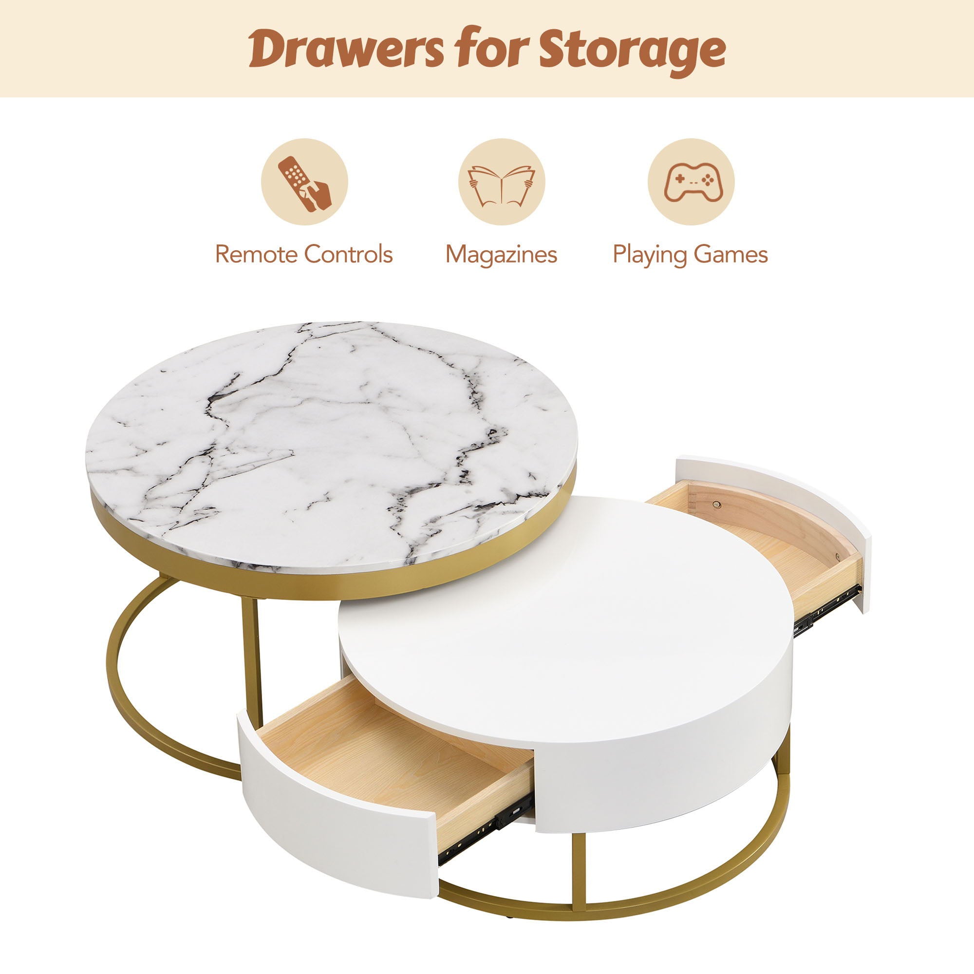 Round Nesting Coffee Table With Drawers - Golden / White