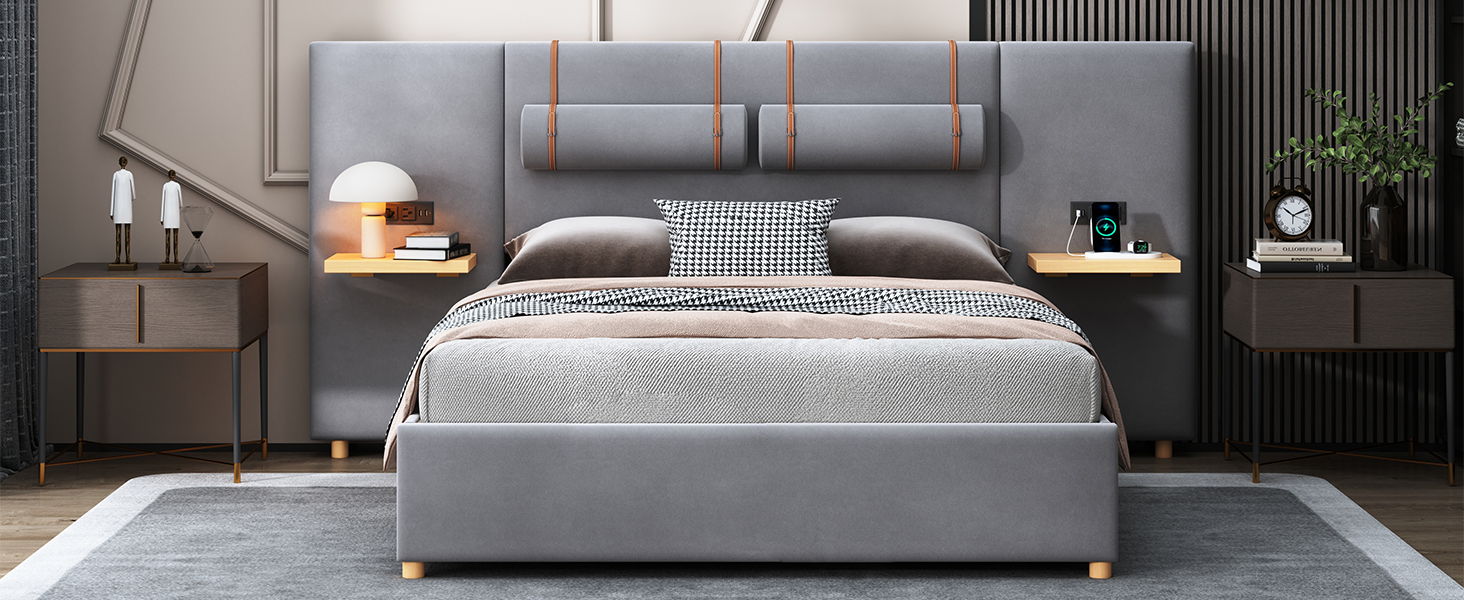 Upholstered Platform Bed, 2 Outlets And USB Charging Ports On Both Sides, 2 Bedside Pillows, Storage Shelves