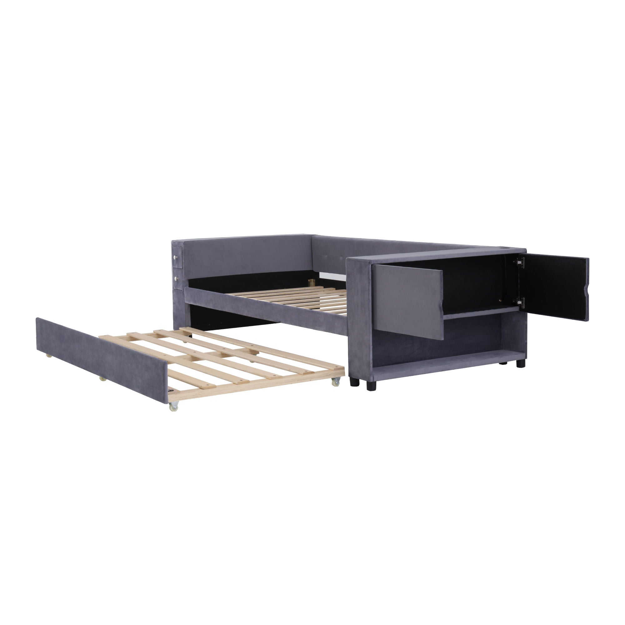 Upholstered Bed With Storage And Twin Trundle, USB Charging Ports