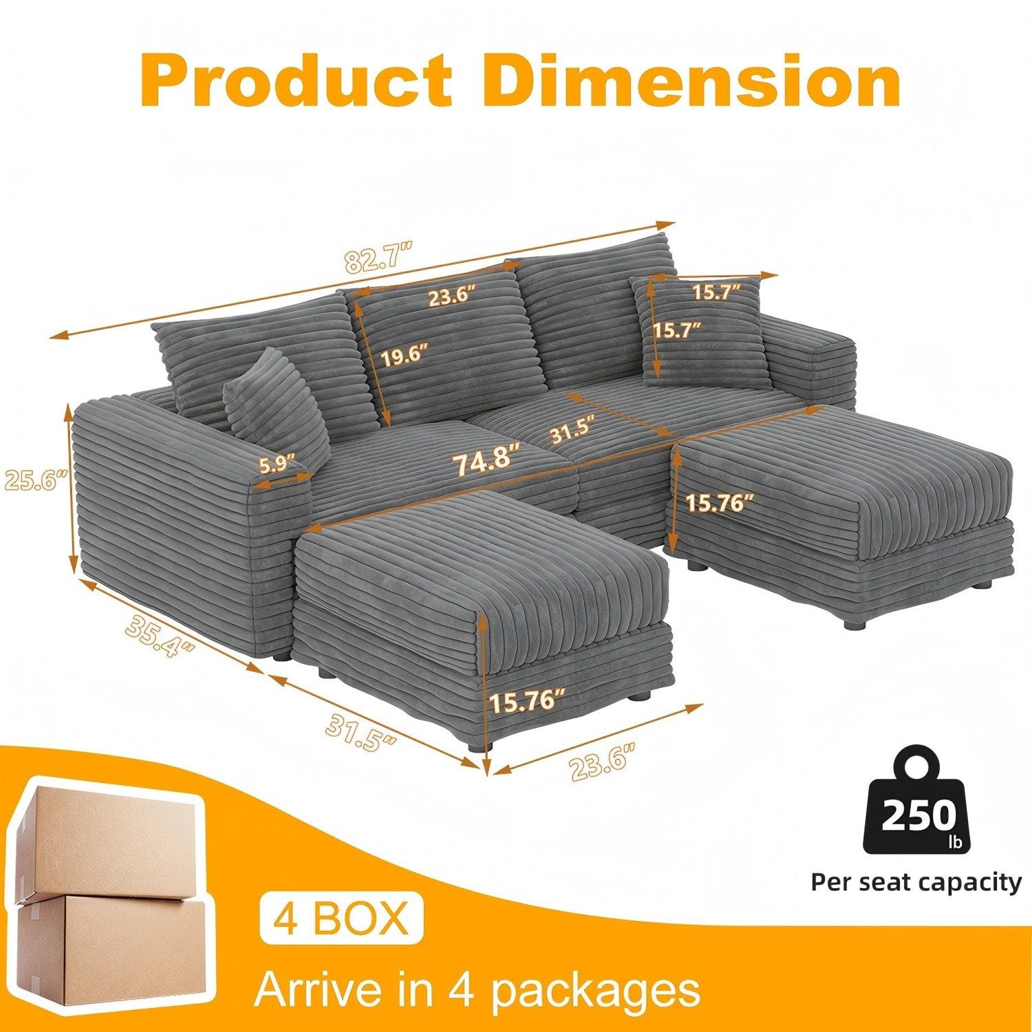 Convertible Deep Seat Sofa With Soft Pillows And Ottomans