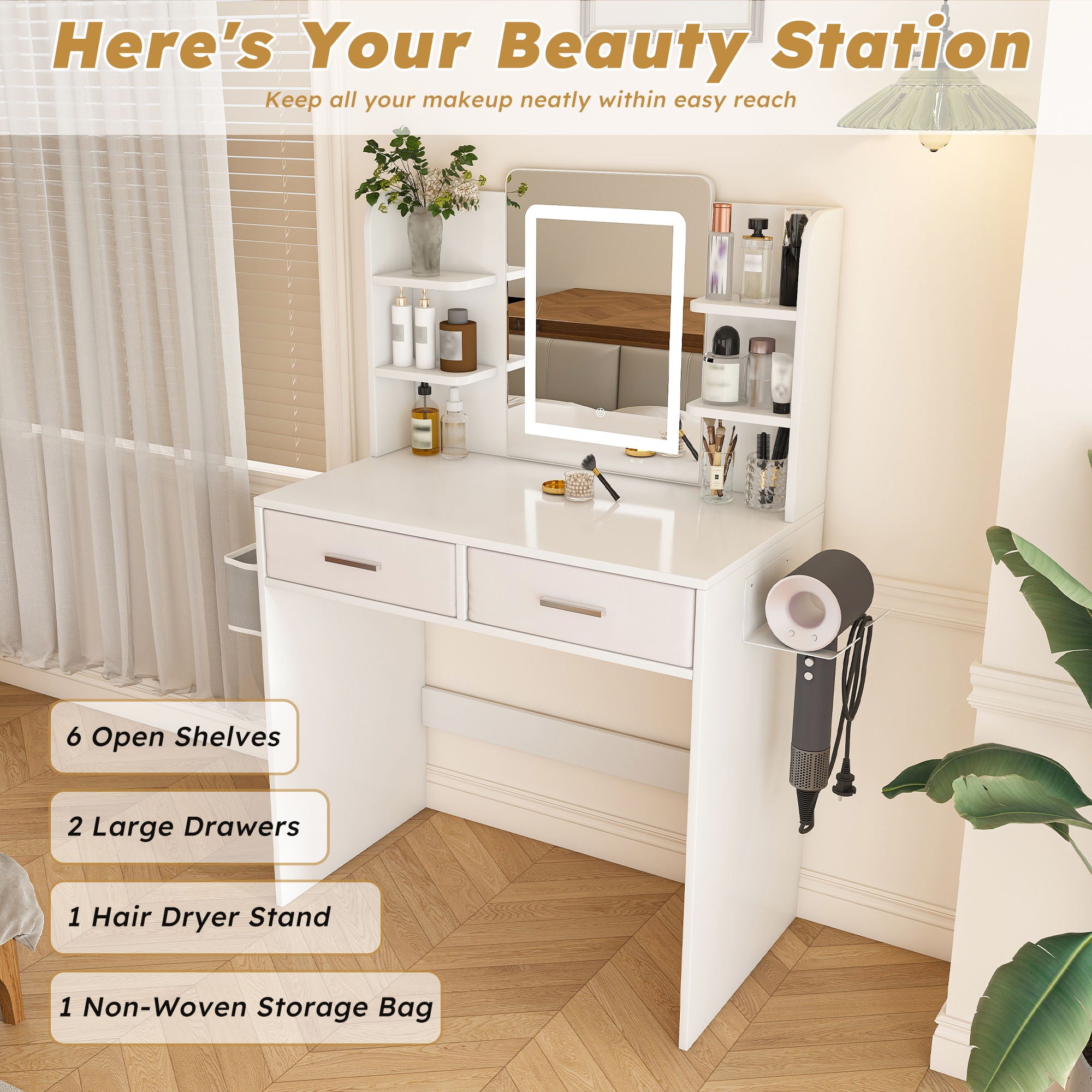 Elegant LED Mirror Vanity Dressing Table With Adjustable Lights, Drawers & Storage - White