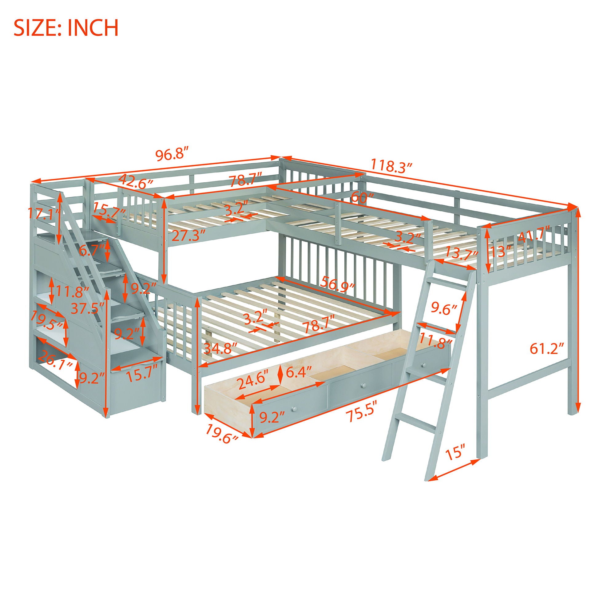 Solid L Shaped Bunk Bed With 3 Drawers, Ladder And Staircase