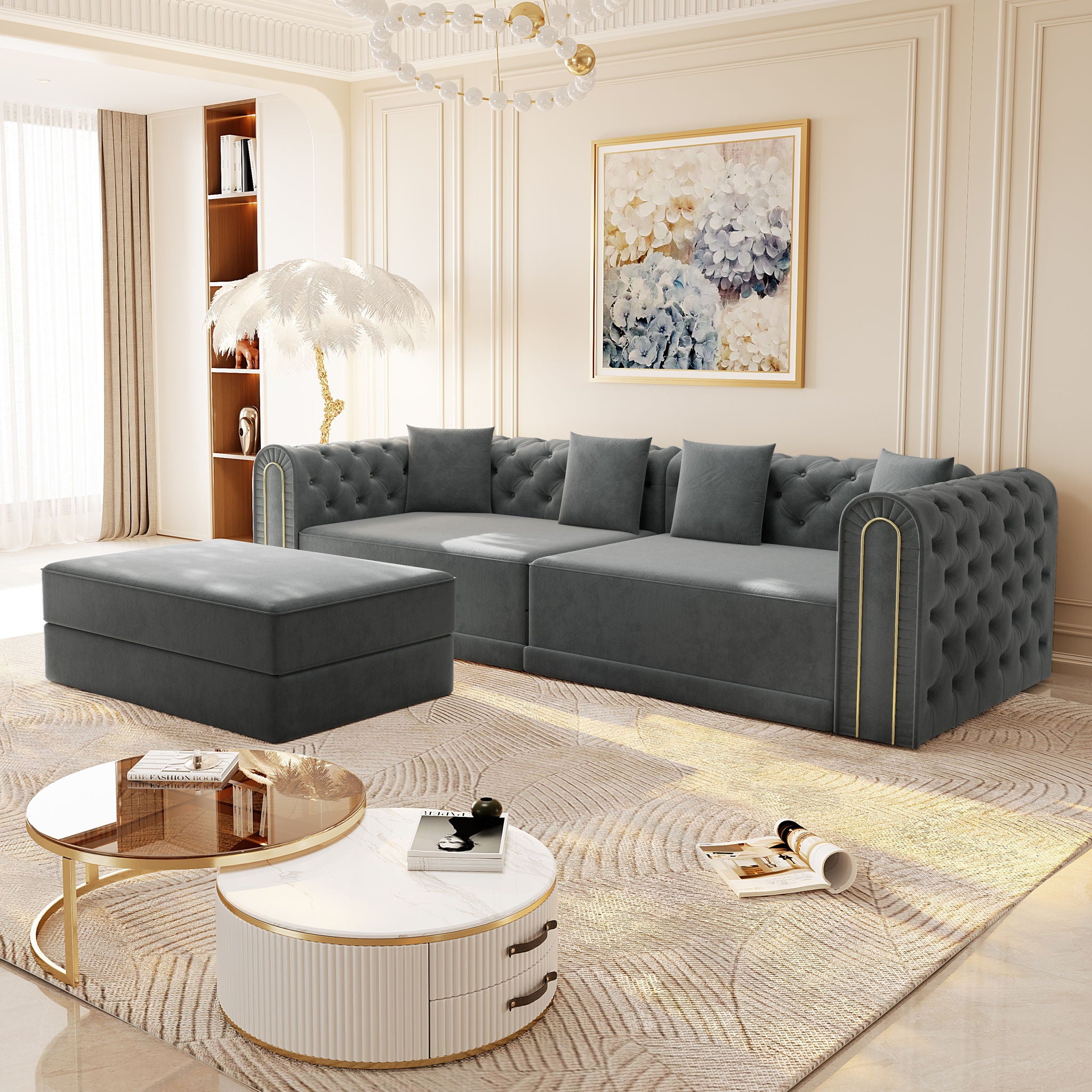 3-In-1 Convertible Sleeper Sofa With Movable Ottoman For Living Room