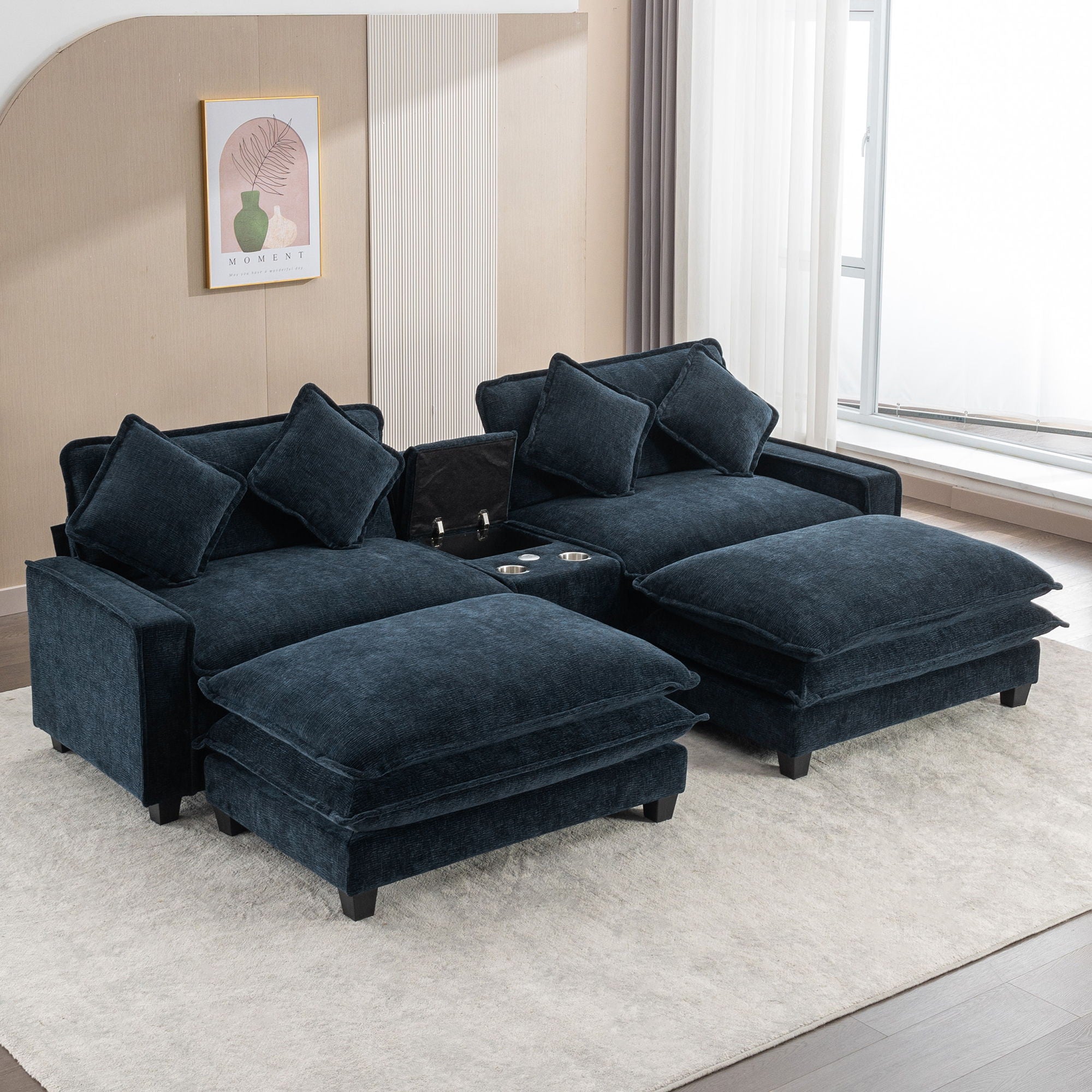 Sectional Sofa Upholstered Sofa With Two Removable Ottoman, Two USB Ports, Two Cup Holders And Large Storage Box For Living Room