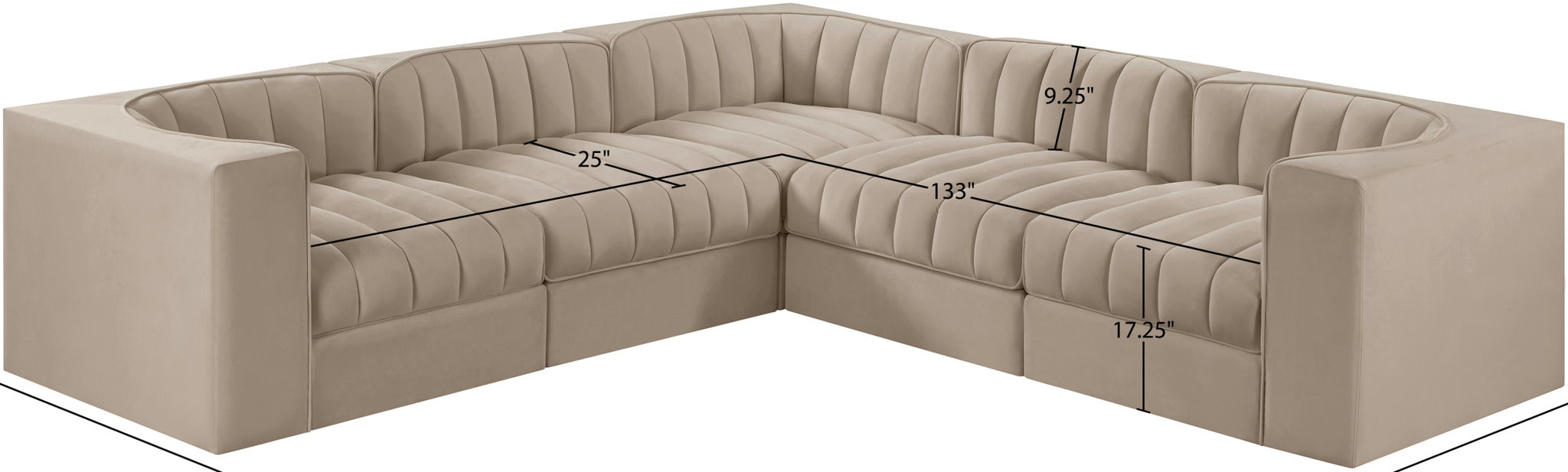 Rummi - Symmetrical Velvet Performance Fabric Upholstered 5 Piece Modular Sectional