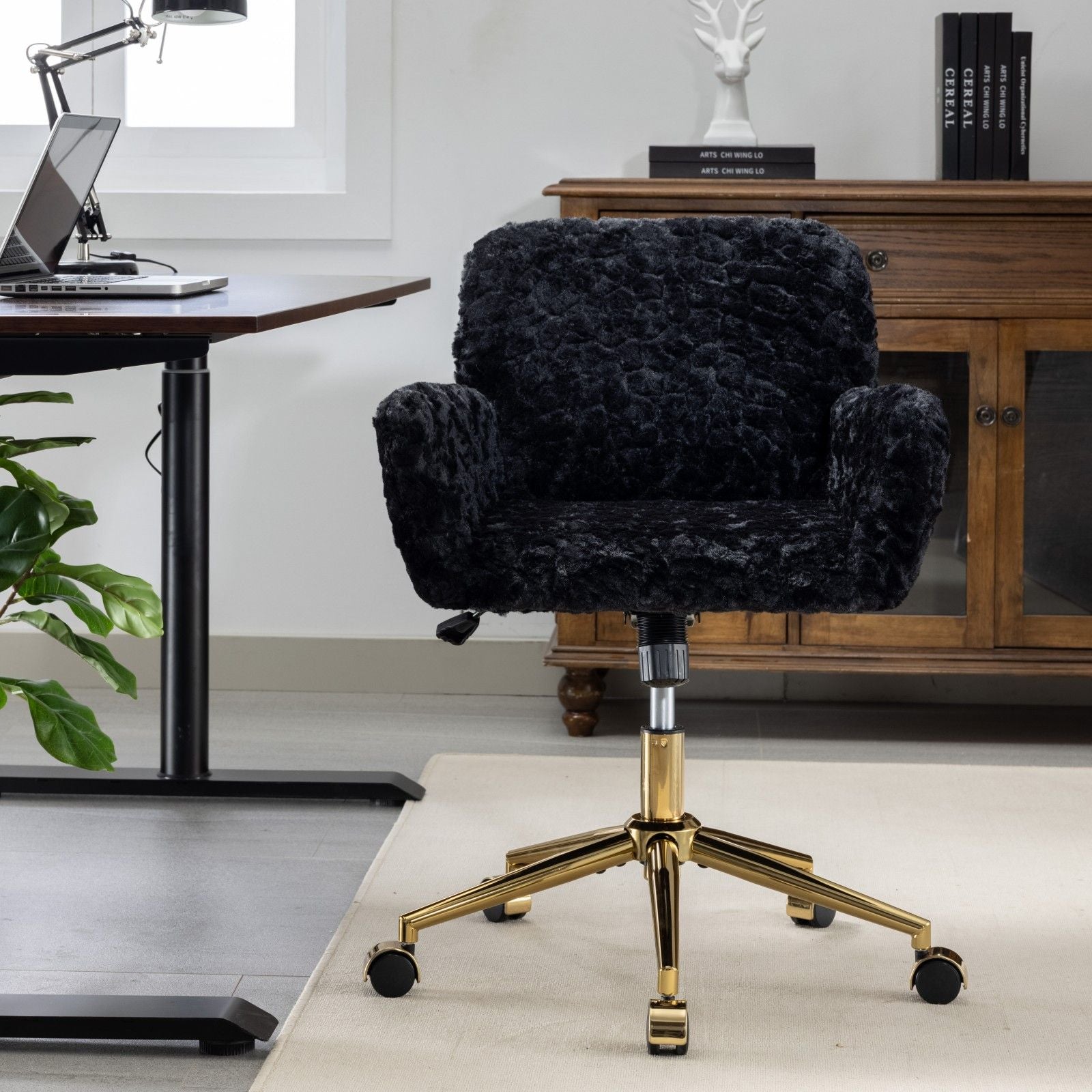 Office Chair, Artificial Rabbit Hair Home Office Chair With Metal Base, Adjustable Desk Chair Swivel Office Chair, Vanity Chair