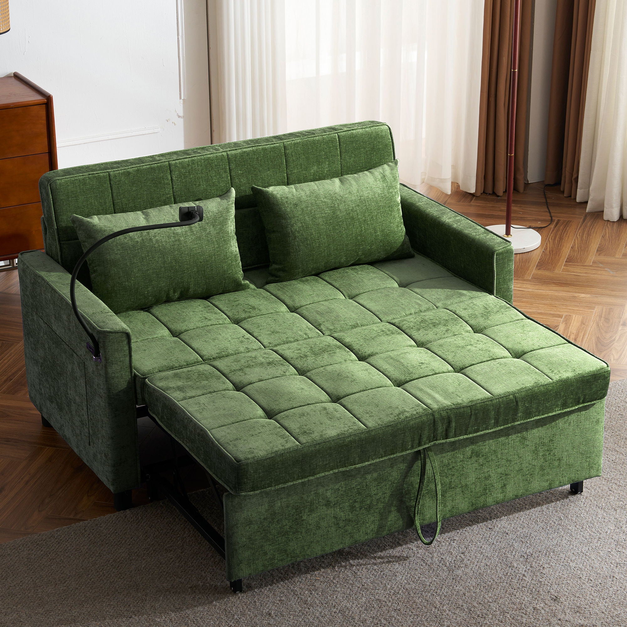Loveseat Sofa Bed Sleeper With Reversible Backrest, Side Pockets, USB Ports, Phone Holder