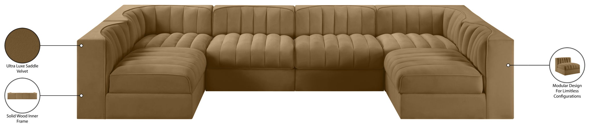 Rummi - Armless Velvet Performance Fabric Upholstered 6 Piece Modular Sectional