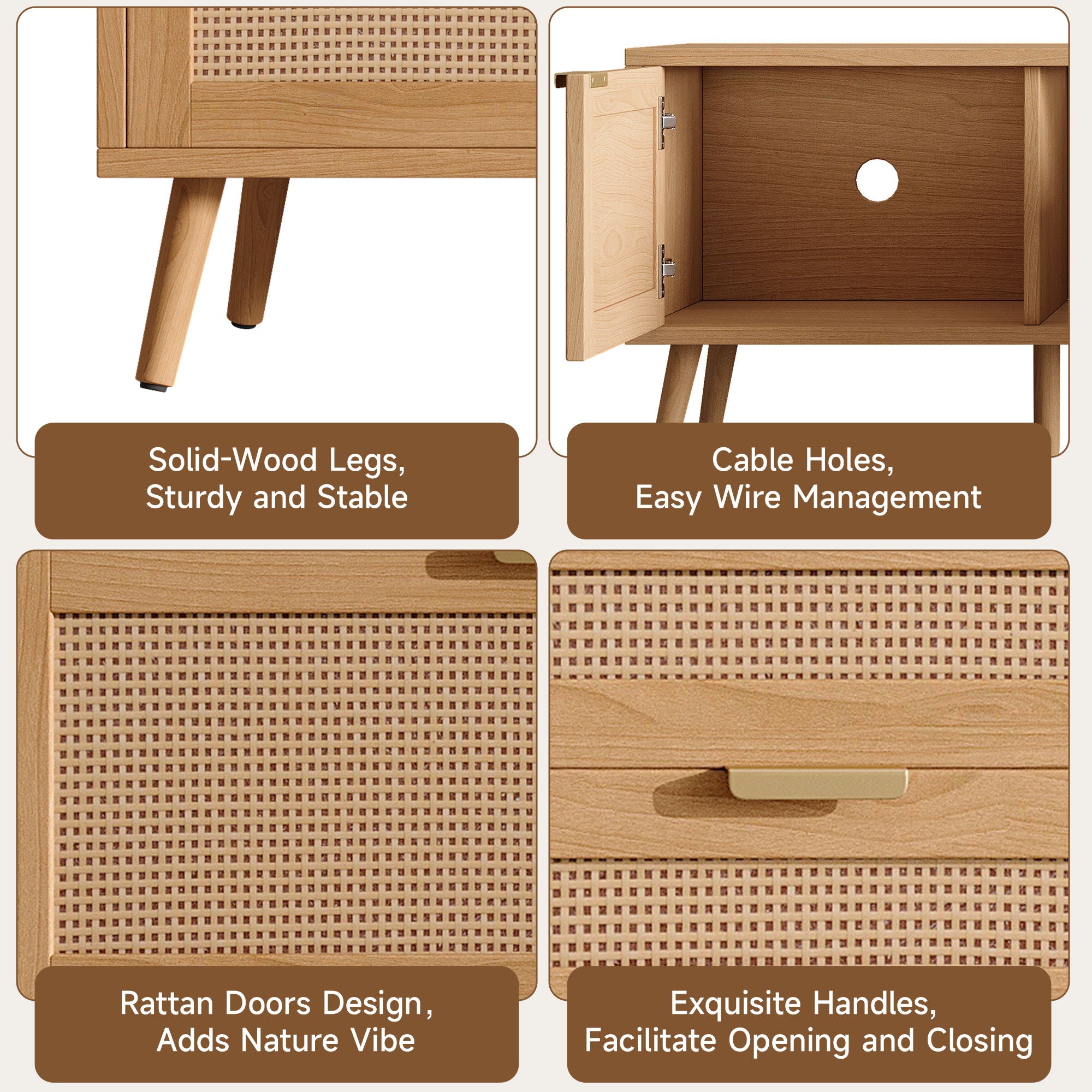 TV Stand With Storage & Cable Holes - Natural Wood