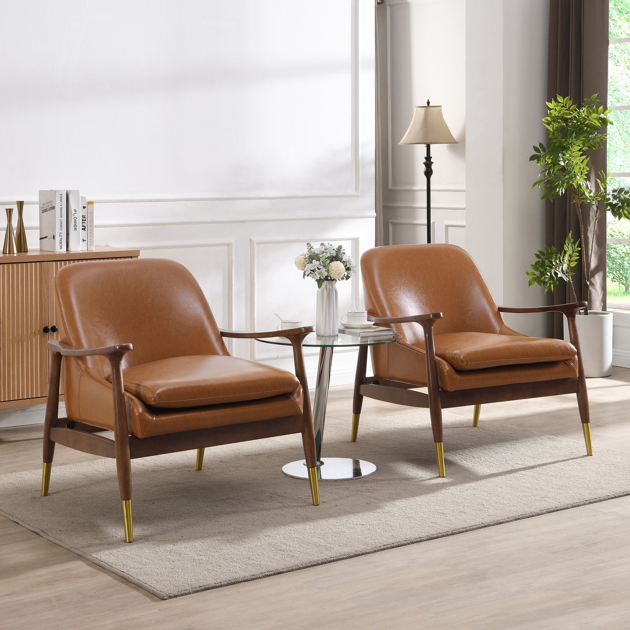 Mid - Century Accent Chair With Cushioned Seat, Brass Tipped Legs