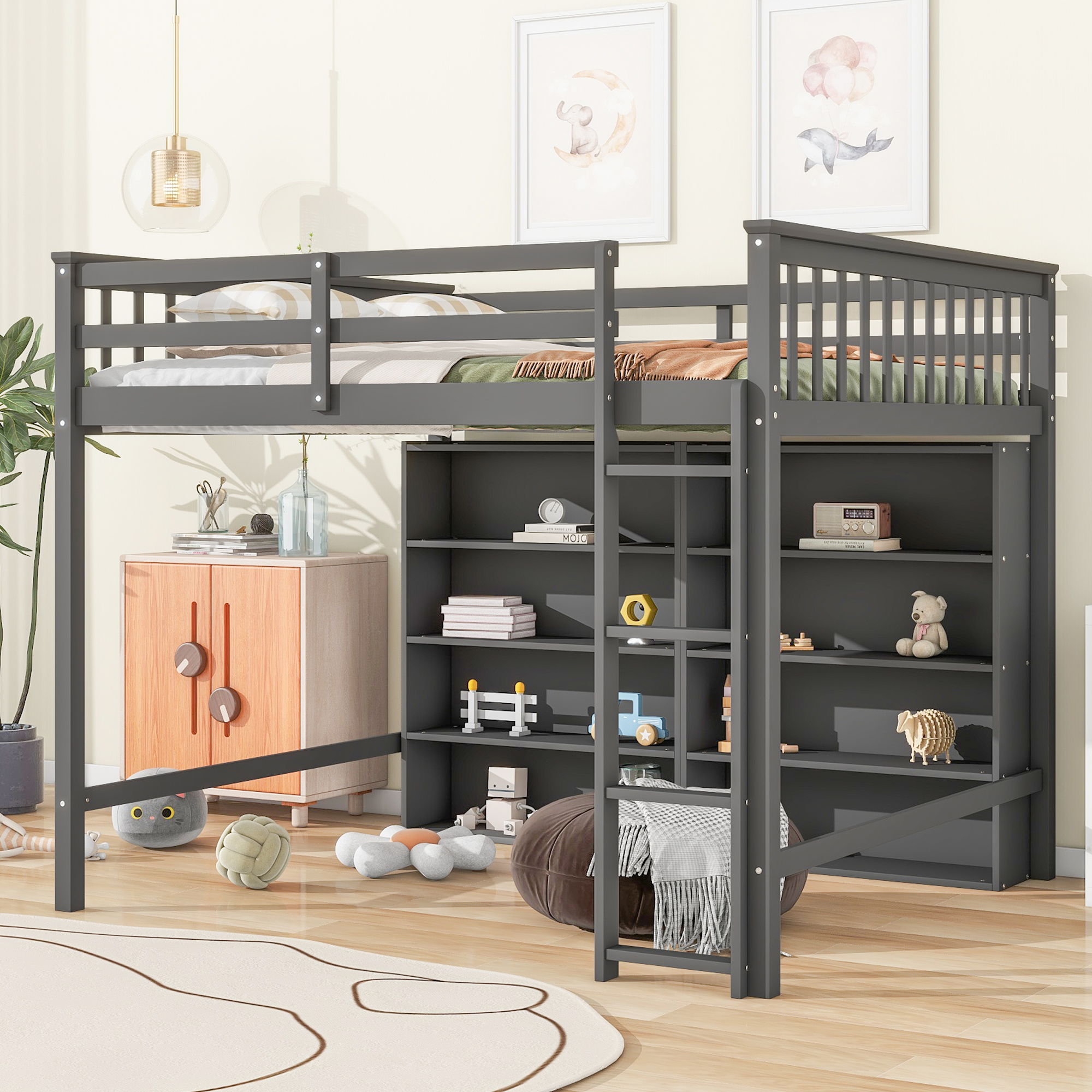 Loft Bed With 8 Open Storage Shelves And Built In Ladder