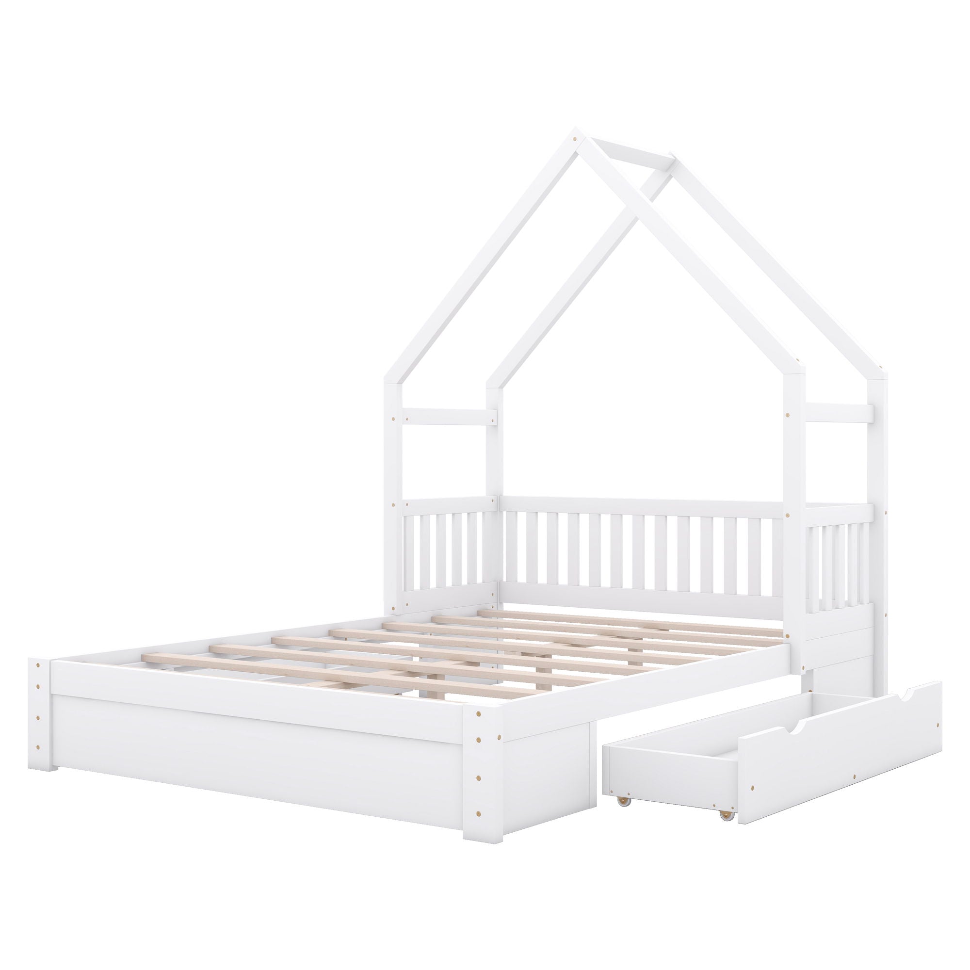 House Style Platform Bed With Guardrail And 2 Drawers
