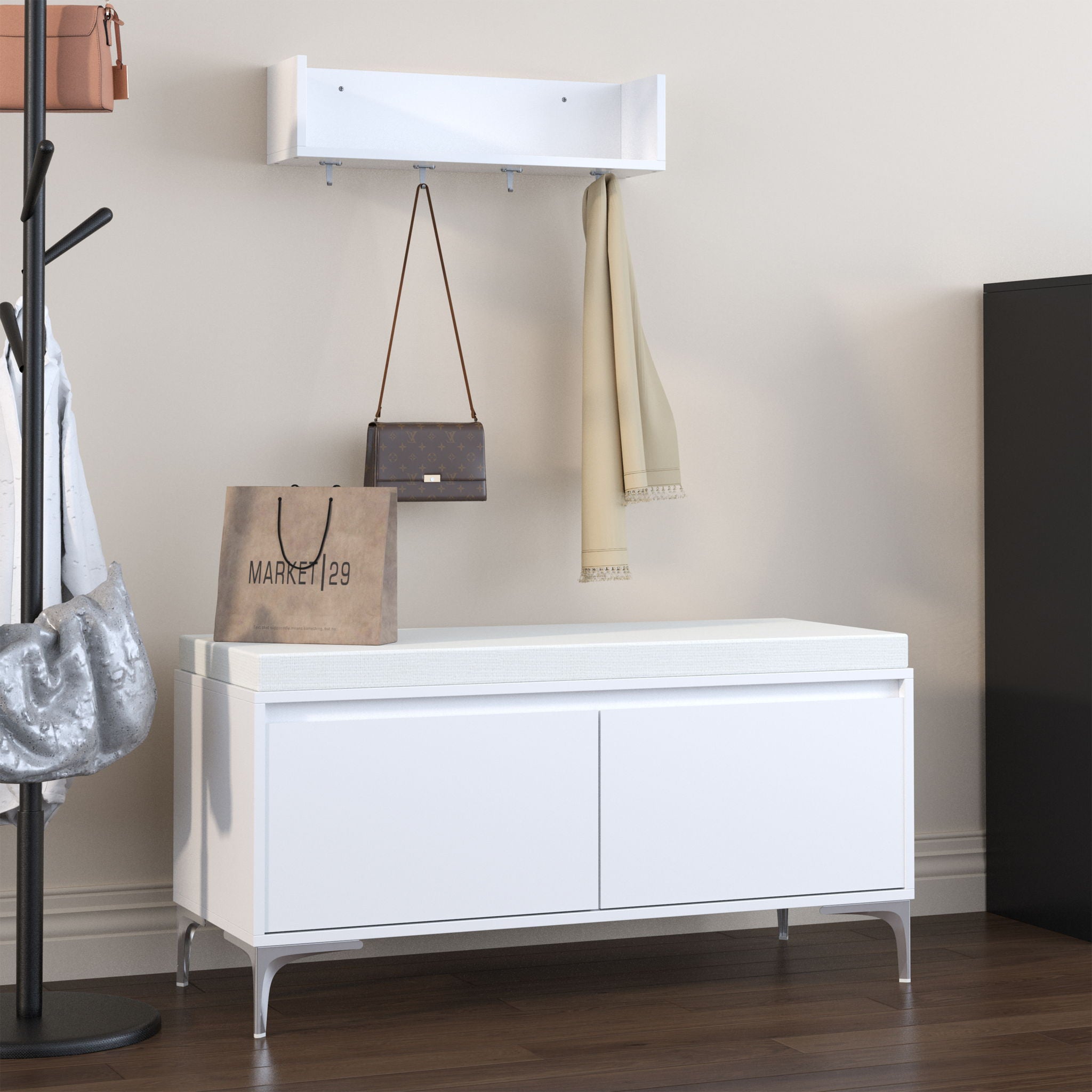 Wall Mounted Entryway Shelf With Hooks And Storage Bench Set - Off White